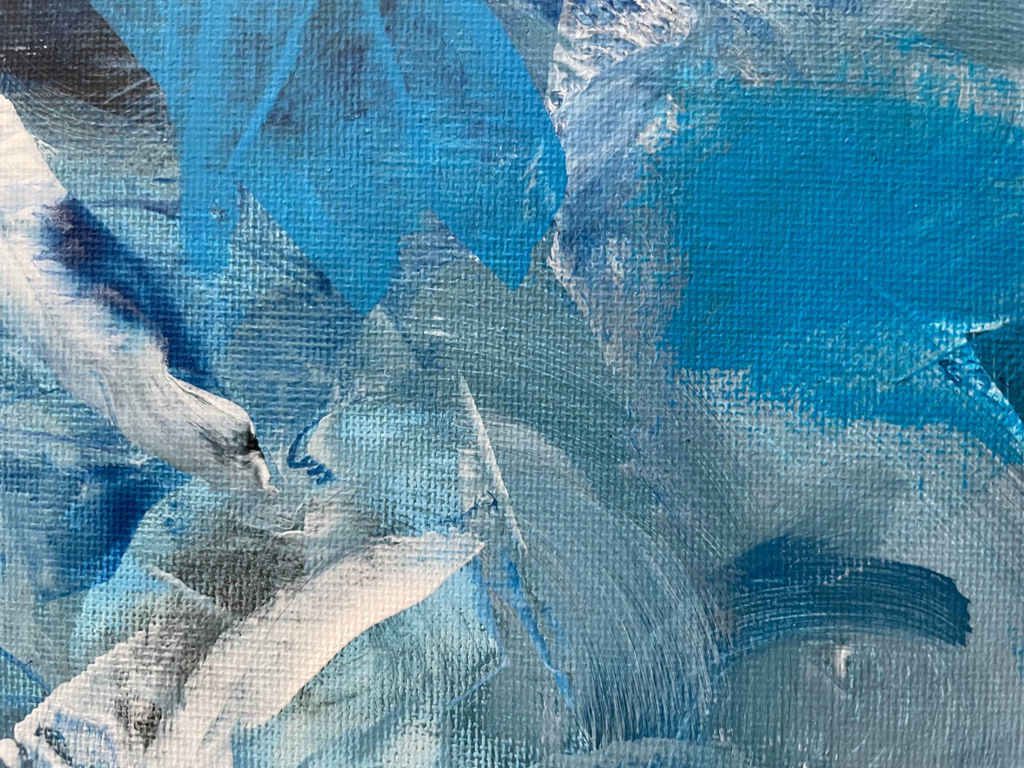 Dans cette œuvre, j'ai déversé ma passion en utilisant des acryliques pour évoquer la profondeur et le mouvement. Les bleus et les blancs s'entremêlent, reflétant des émotions abstraites qui s'écoulent librement, comme les vagues de l'océan un jour