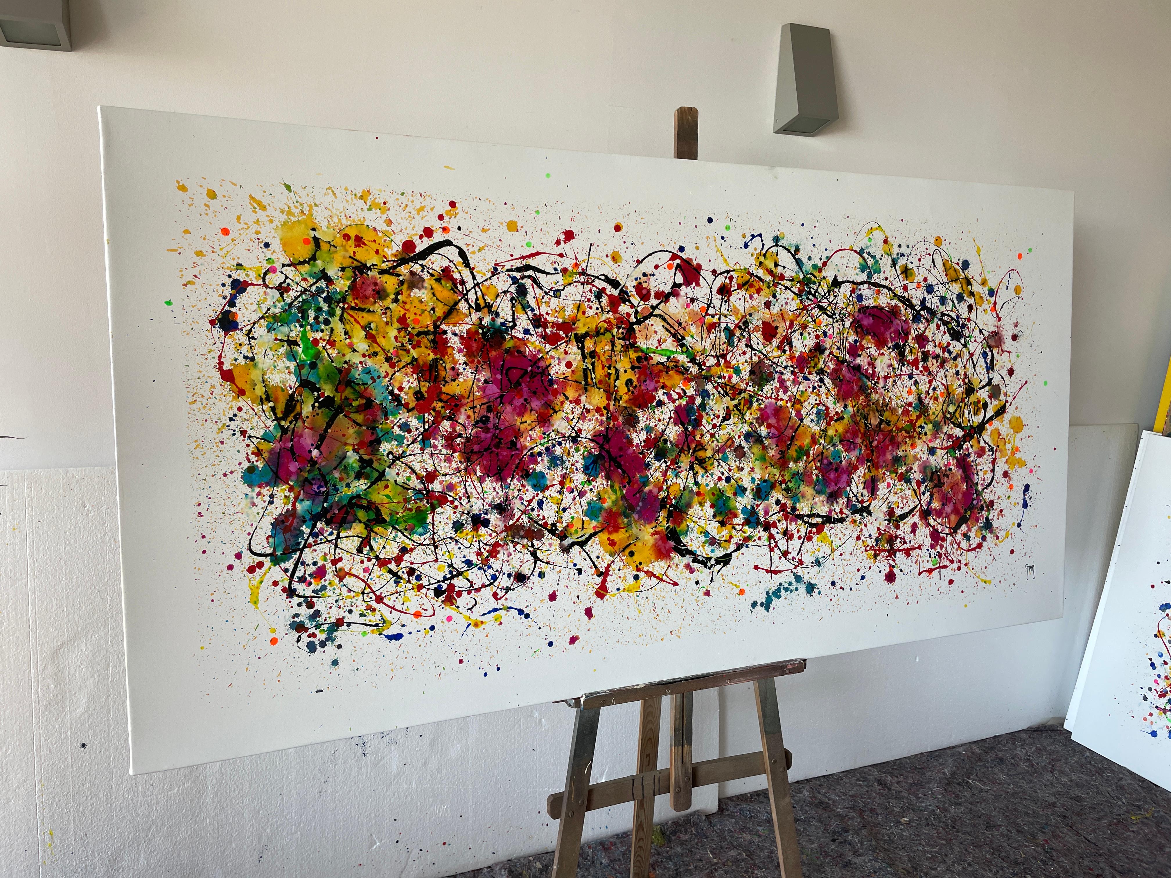 Painting: Acrylic and ink on Canvas. 
Esta obra es una explosión de energía y pasión que quise capturar con colores vivos y movimientos caóticos. Utilicé acrílico y esmalte para crear una textura vibrante que transmite el deseo natural y la fuerza