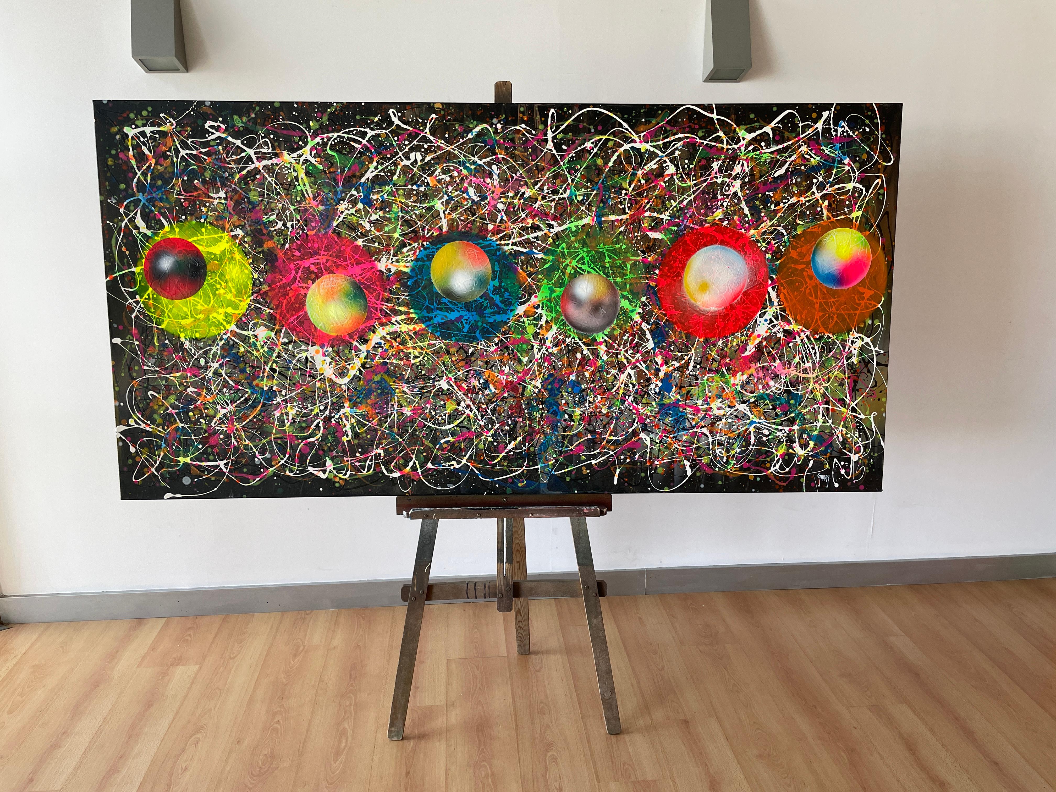Peinture : Acrylique et émail sur toile. 
Esta obra es una explosión de energía y pasión que quise capturar con colores vivos y movimientos caóticos. L'utilisation d'acrylique et de sel permet de créer une texture vibrante qui transmet le désir