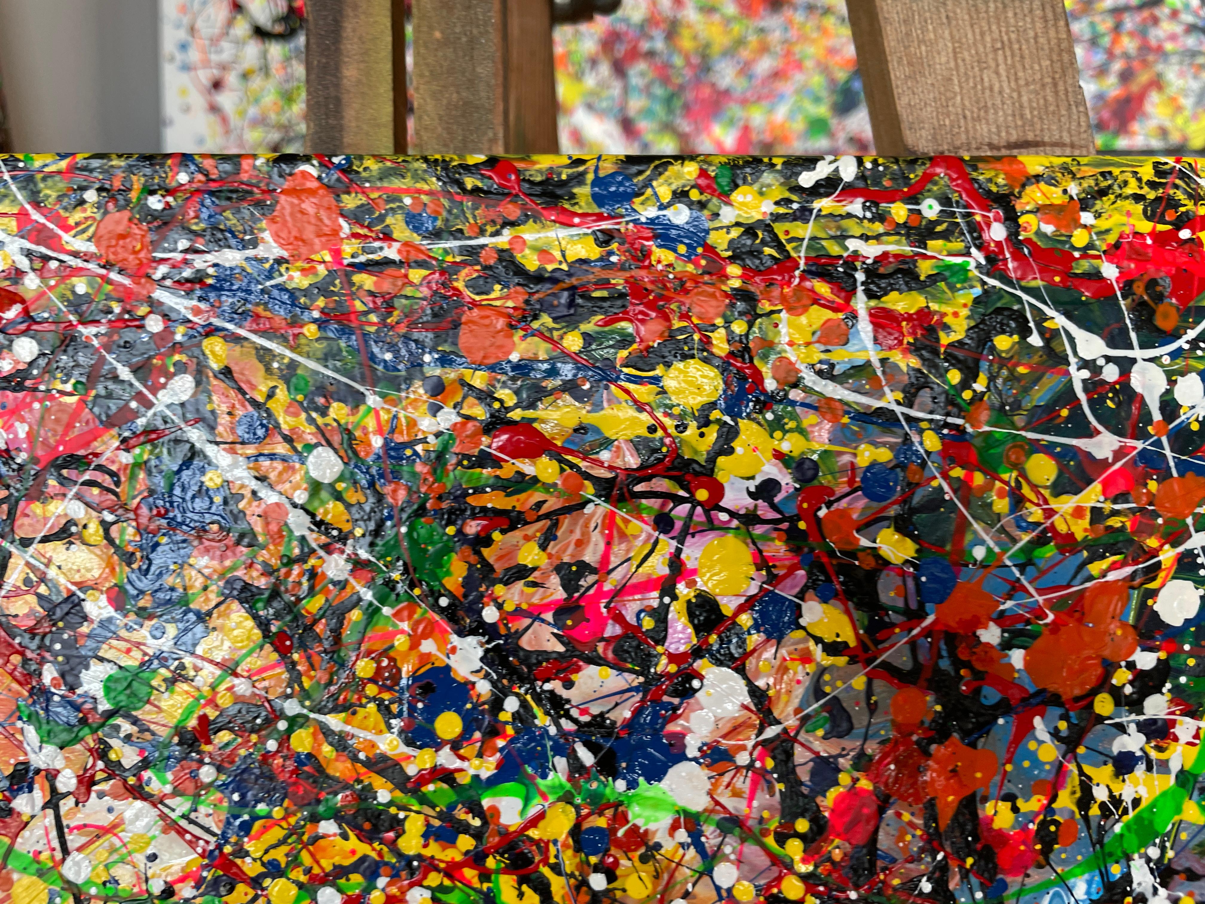 A painting in abstract enamel is an explosion of shapes, textures, and colors that invite personal interpretation. Across the canvas, dynamic and free brushstrokes intertwine, creating layers of depth and movement. Vibrant tones, like intense reds
