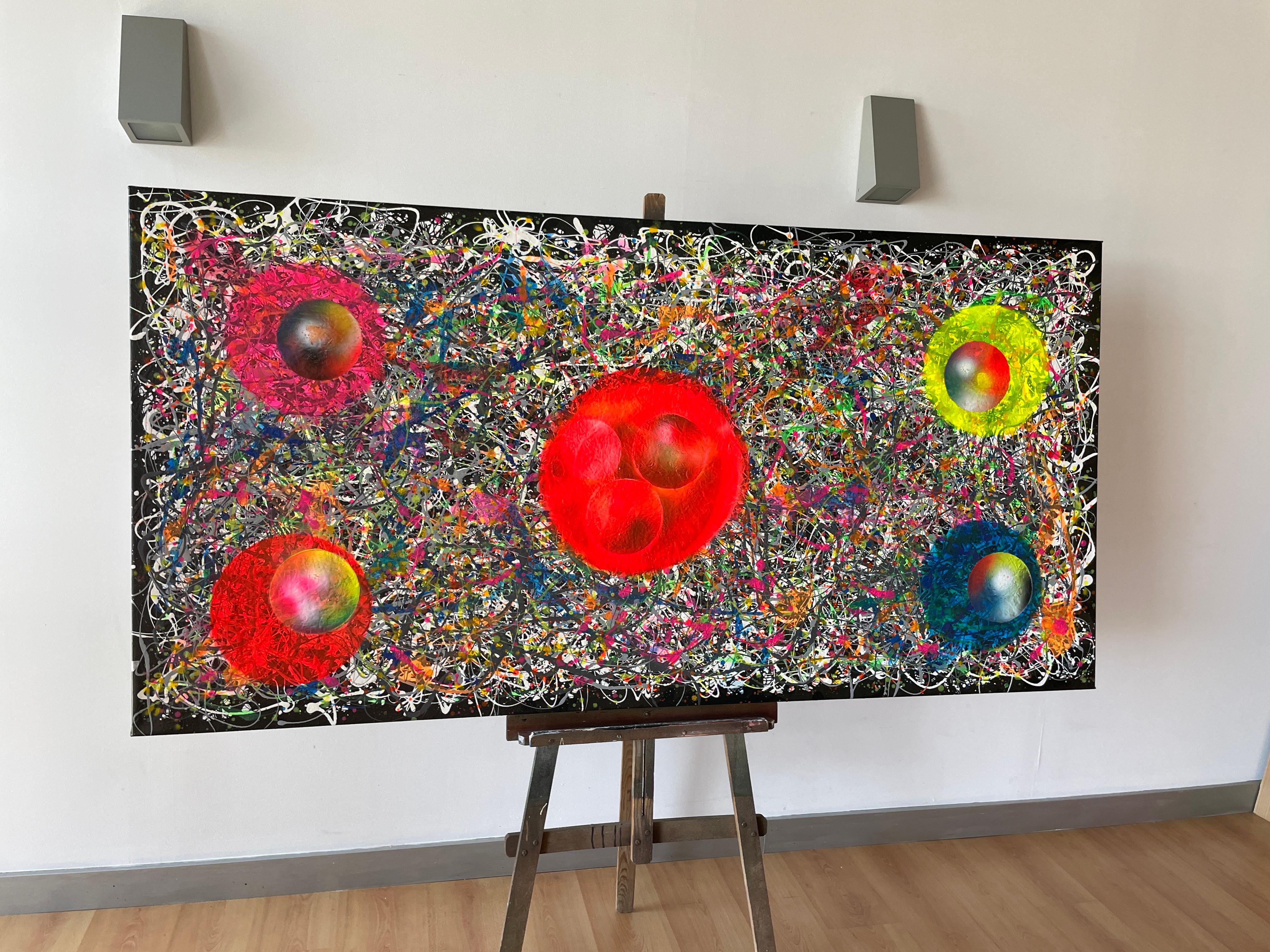This acrylic and enamel painting on canvas merges the free-flowing gestures of abstract expressionism with a composition centered around circular forms, creating a visual tension between order and disorder. Inspired by the style of Jackson Pollock,