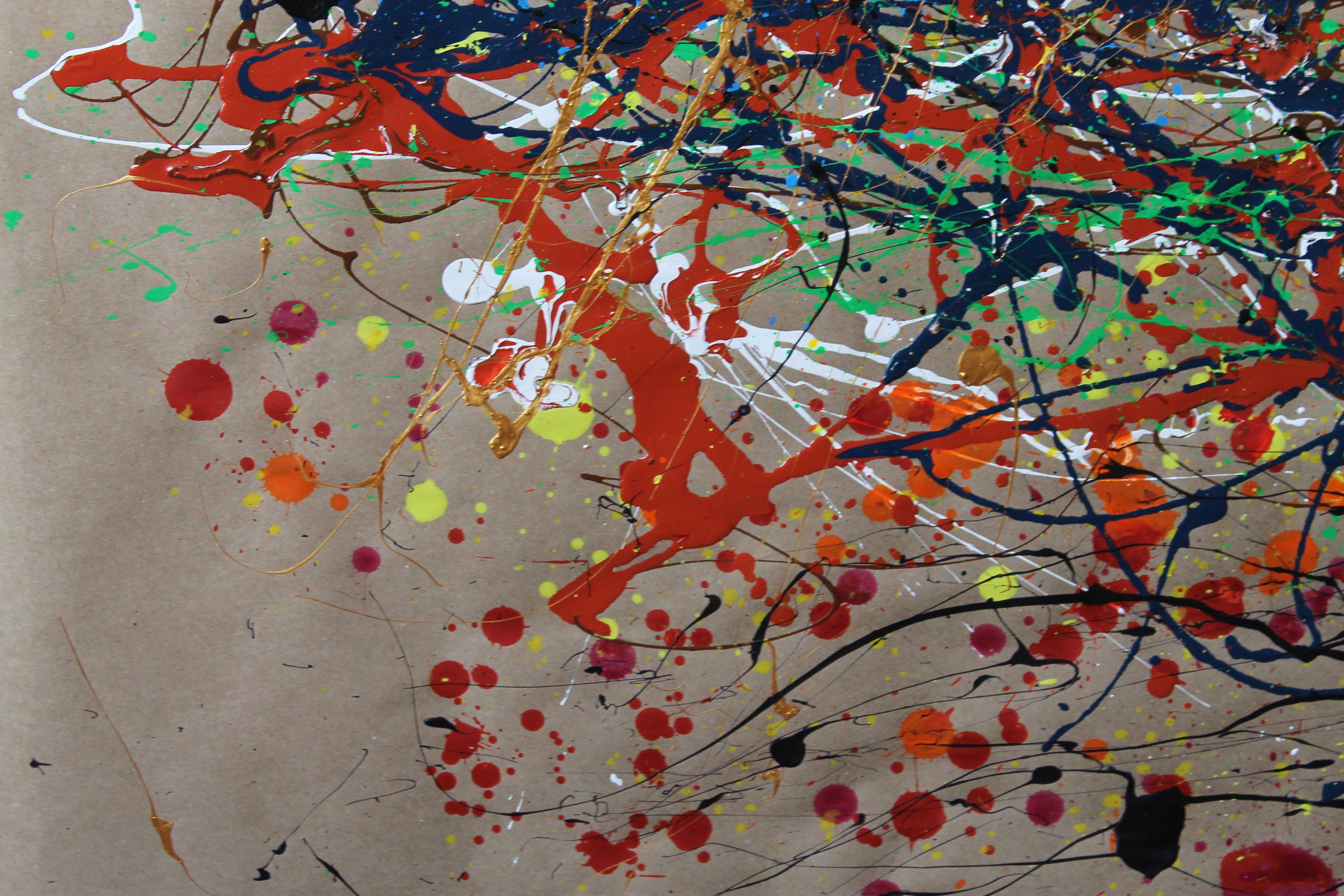 Dieses abstrakte Gemälde auf einem Karton präsentiert eine Explosion von Energie und Dynamik, die für den Stil des Action Painting charakteristisch ist. Die Verwendung von Emaille- und Acrylfarben sorgt für eine reiche Vielfalt an Texturen und