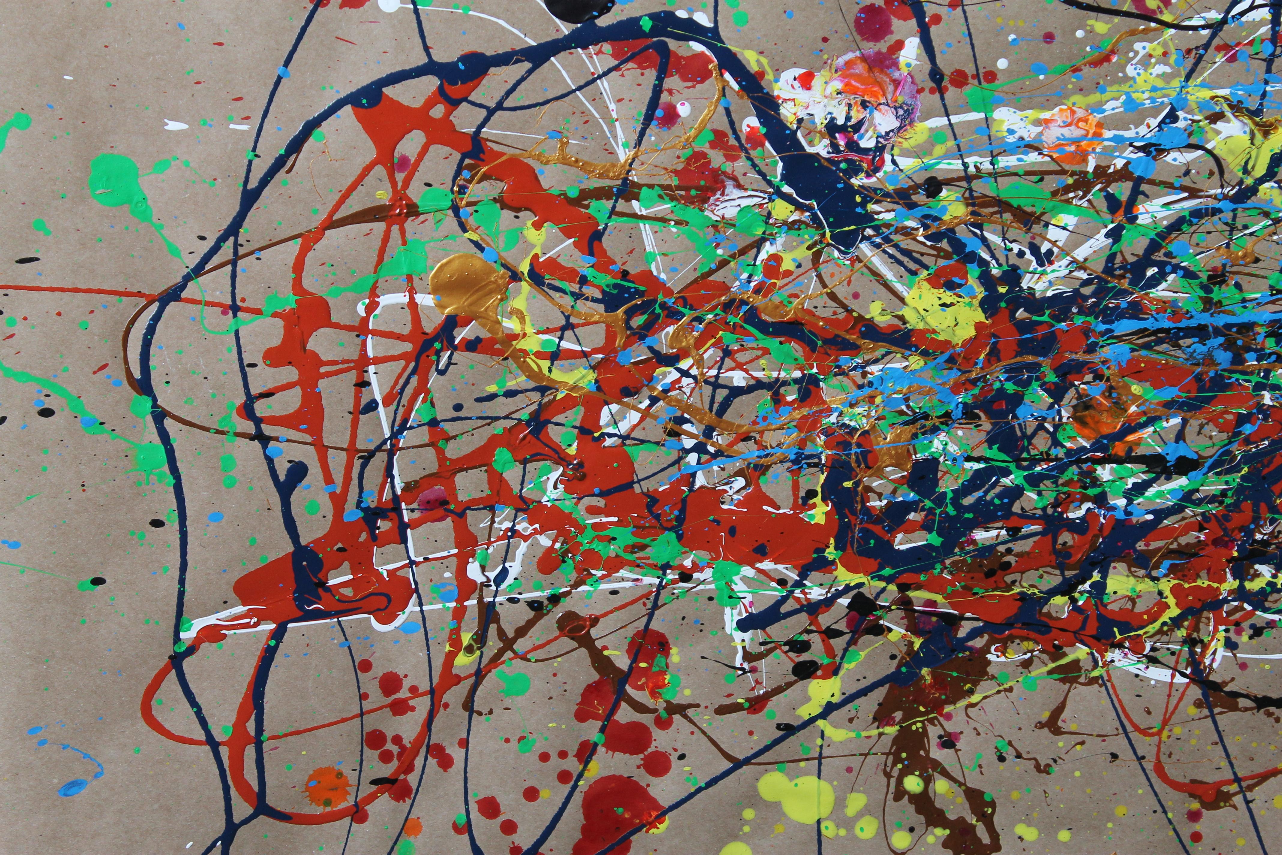 This abstract painting, created on a cardboard base, presents an explosion of energy and dynamism, characteristic of the action painting style. The use of enamel and acrylic paint provides a rich diversity of textures and shines, creating contrasts