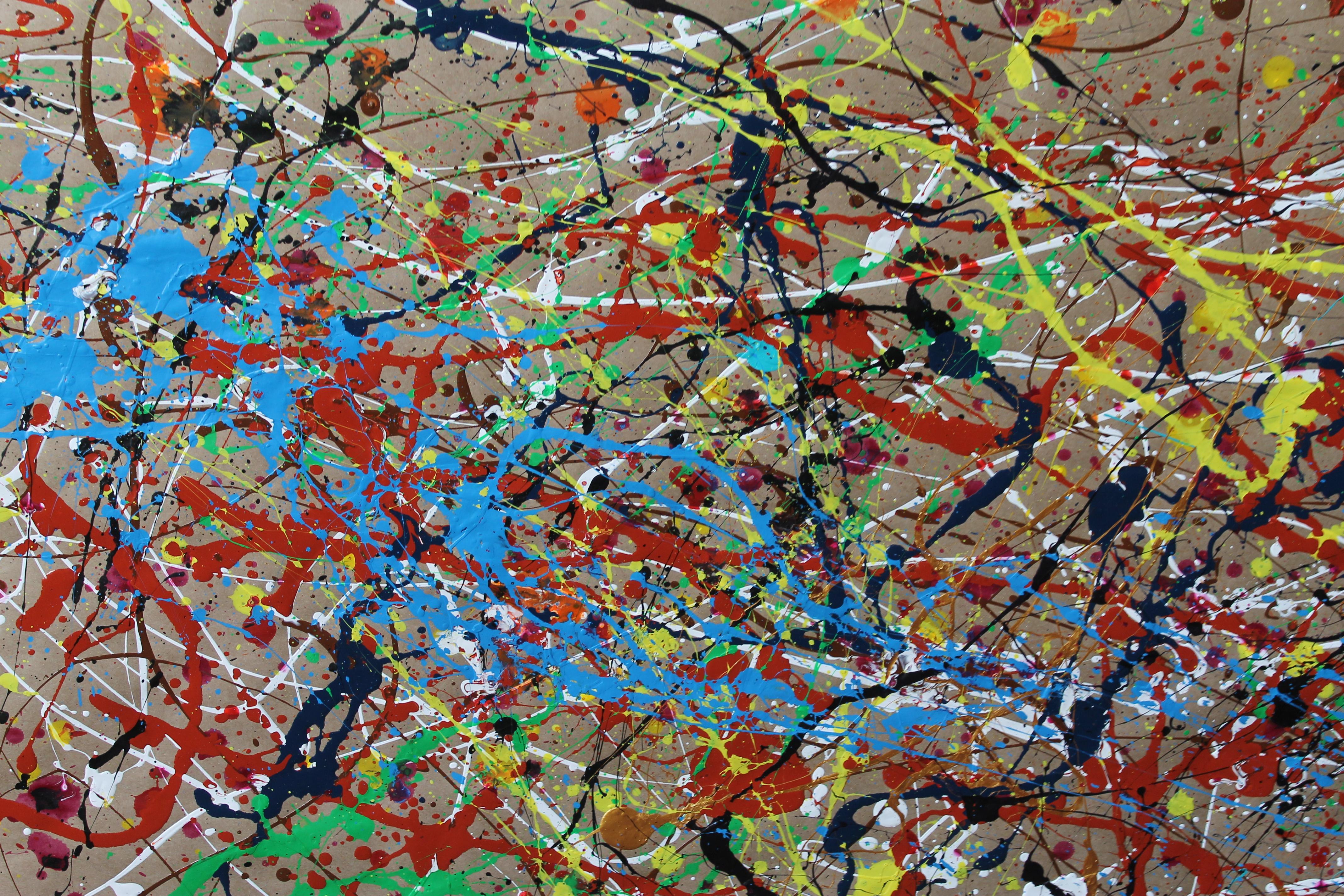 This abstract painting, created on a cardboard base, presents an explosion of energy and dynamism, characteristic of the action painting style. The use of enamel and acrylic paint provides a rich diversity of textures and shines, creating contrasts