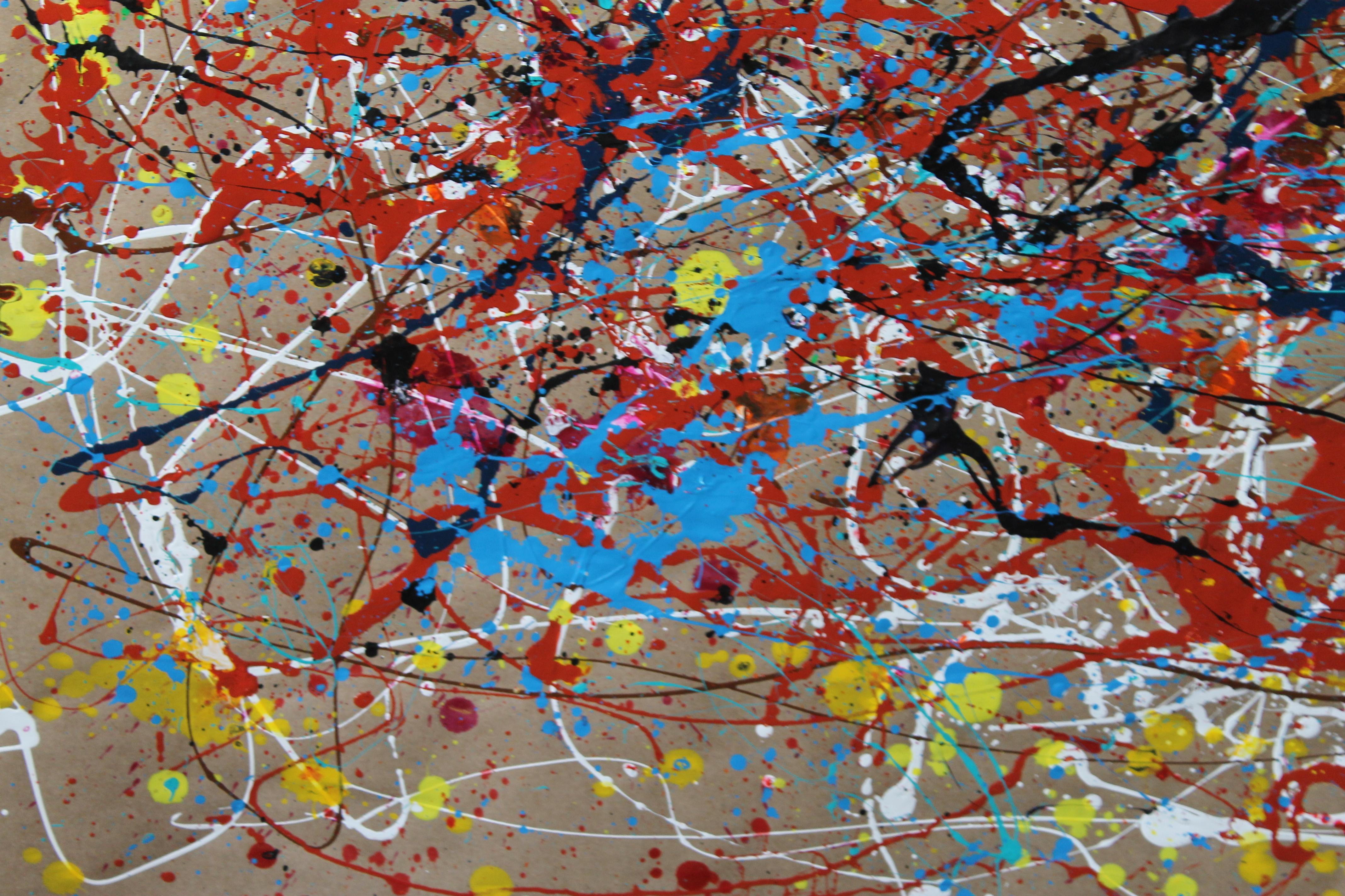 This abstract painting, created on a cardboard base, presents an explosion of energy and dynamism, characteristic of the action painting style. The use of enamel and acrylic paint provides a rich diversity of textures and shines, creating contrasts