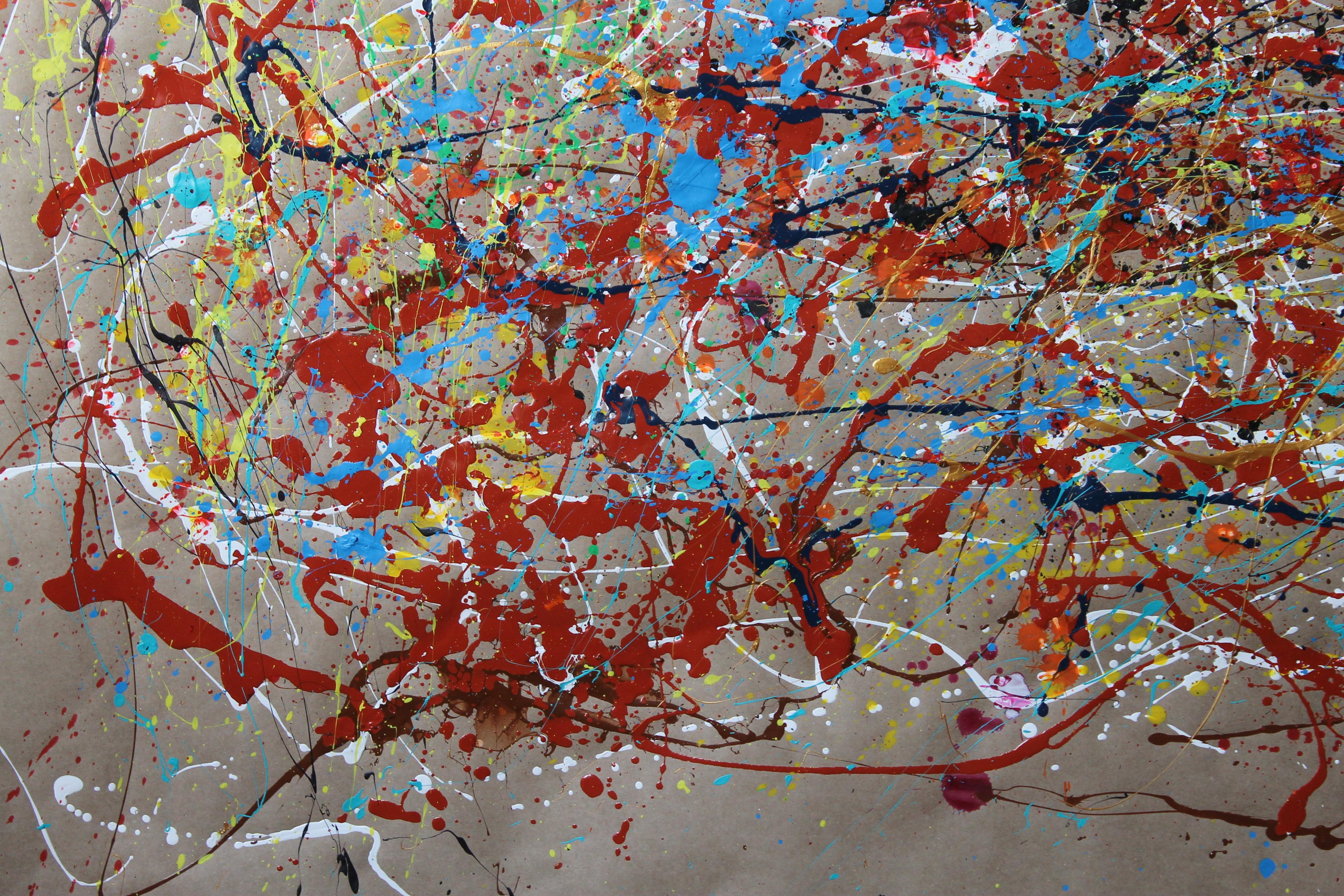 Questo quadro astratto, realizzato su una base di cartone, presenta un'esplosione di energia e dinamismo, caratteristica dello stile action painting. L'uso di smalti e vernici acriliche offre una ricca varietà di texture e lucentezze, creando