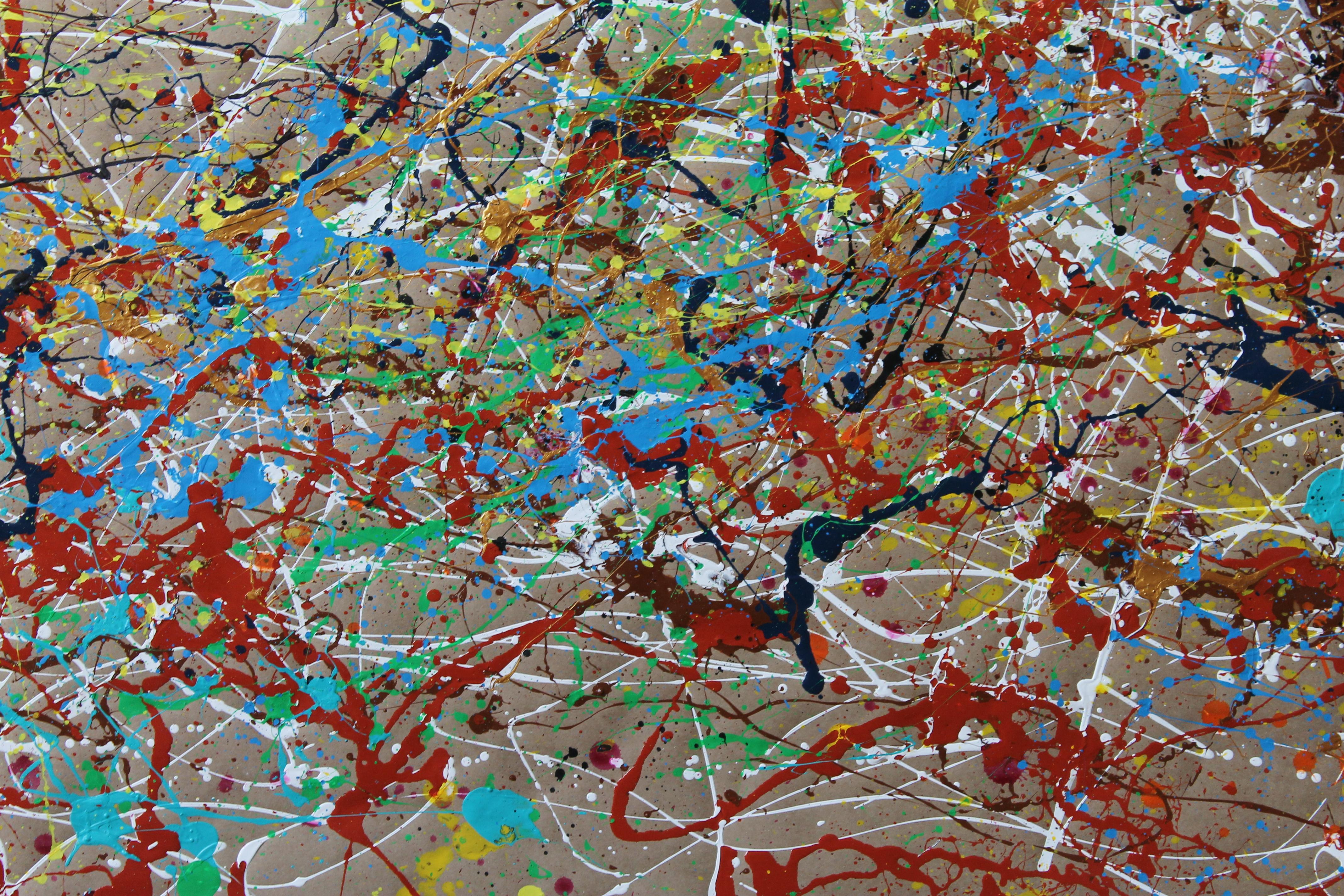 Questo quadro astratto, realizzato su una base di cartone, presenta un'esplosione di energia e dinamismo, caratteristica dello stile action painting. L'uso di smalti e vernici acriliche offre una ricca varietà di texture e lucentezze, creando