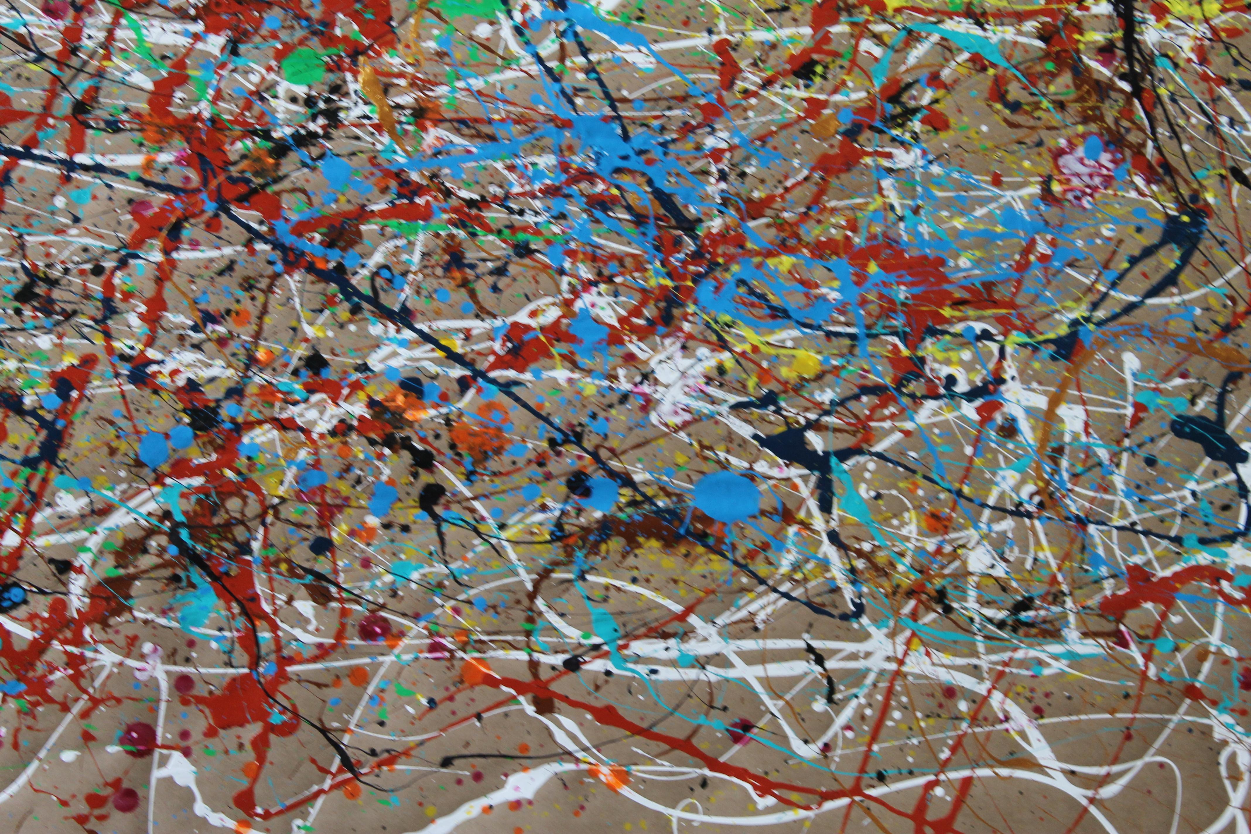 Questo quadro astratto, realizzato su una base di cartone, presenta un'esplosione di energia e dinamismo, caratteristica dello stile action painting. L'uso di smalti e vernici acriliche offre una ricca varietà di texture e lucentezze, creando