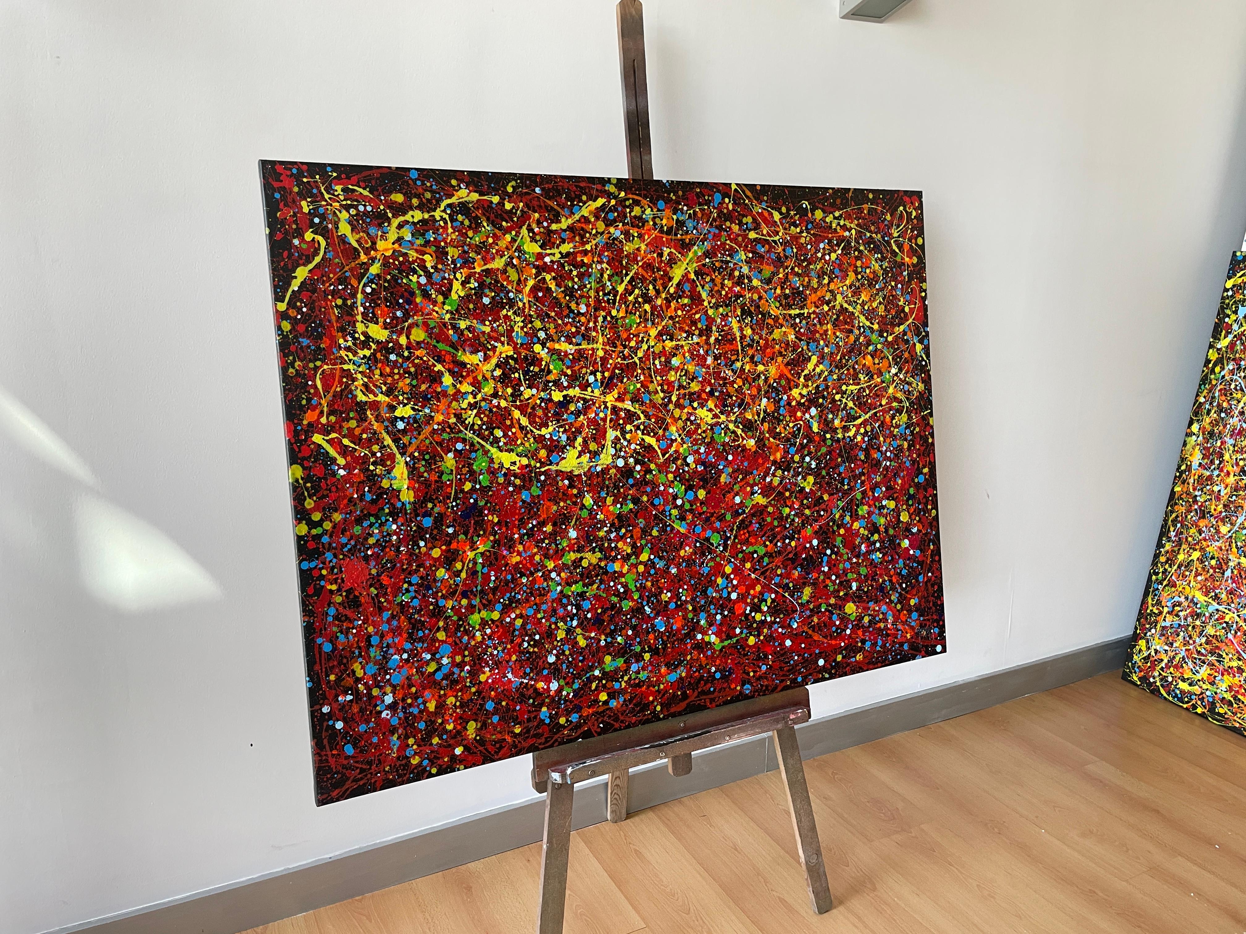 Painting: Acrylic on Canvas. 
Esta obra es una explosión de energía y pasión que quise capturar con colores vivos y movimientos caóticos. Utilicé acrílico y esmalte para crear una textura vibrante que transmite el deseo natural y la fuerza interna.