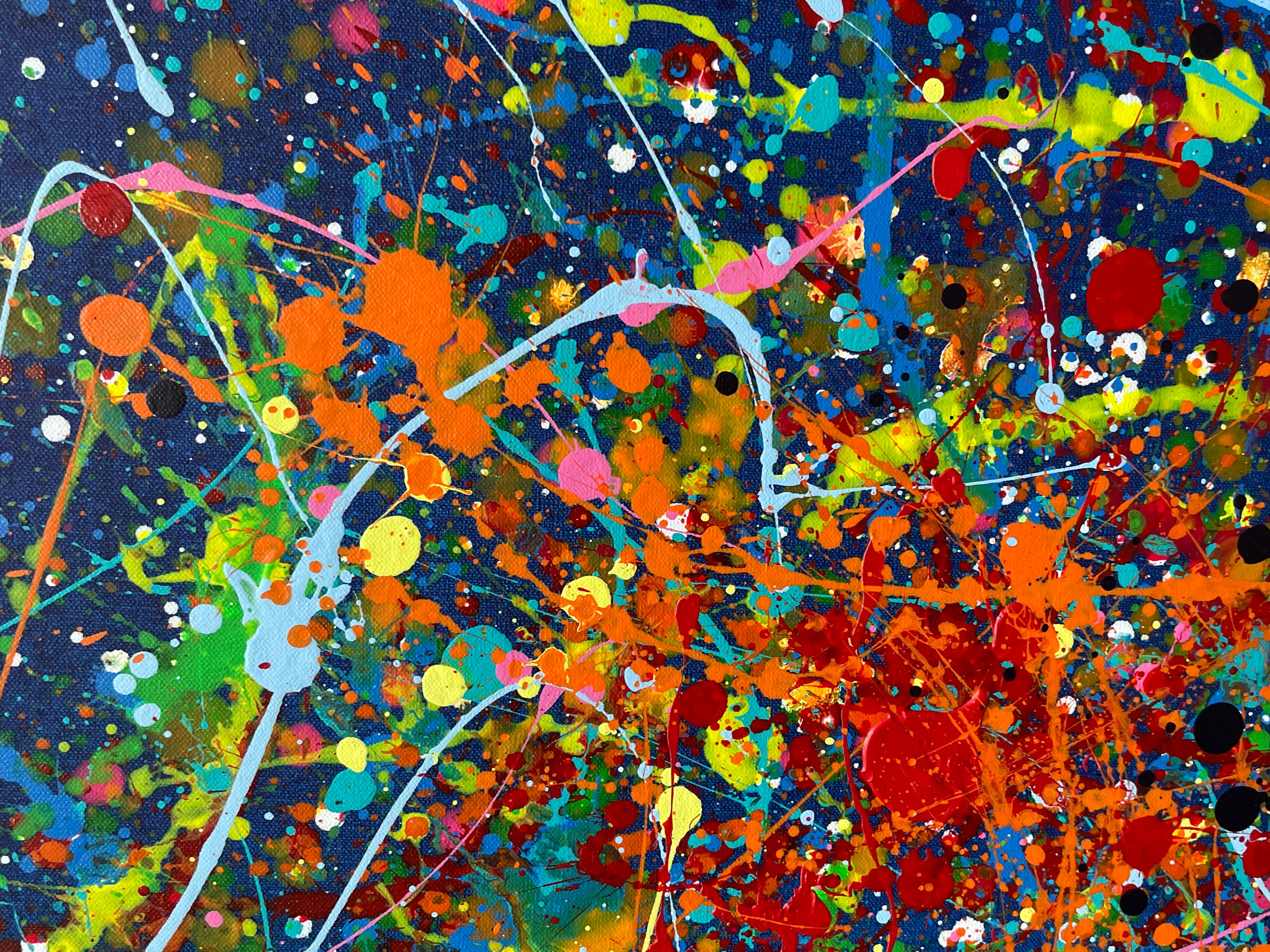 Painting: Acrylic and enamel on Canvas. 
Esta obra es una explosión de energía y pasión que quise capturar con colores vivos y movimientos caóticos. Utilicé acrílico y esmalte para crear una textura vibrante que transmite el deseo natural y la