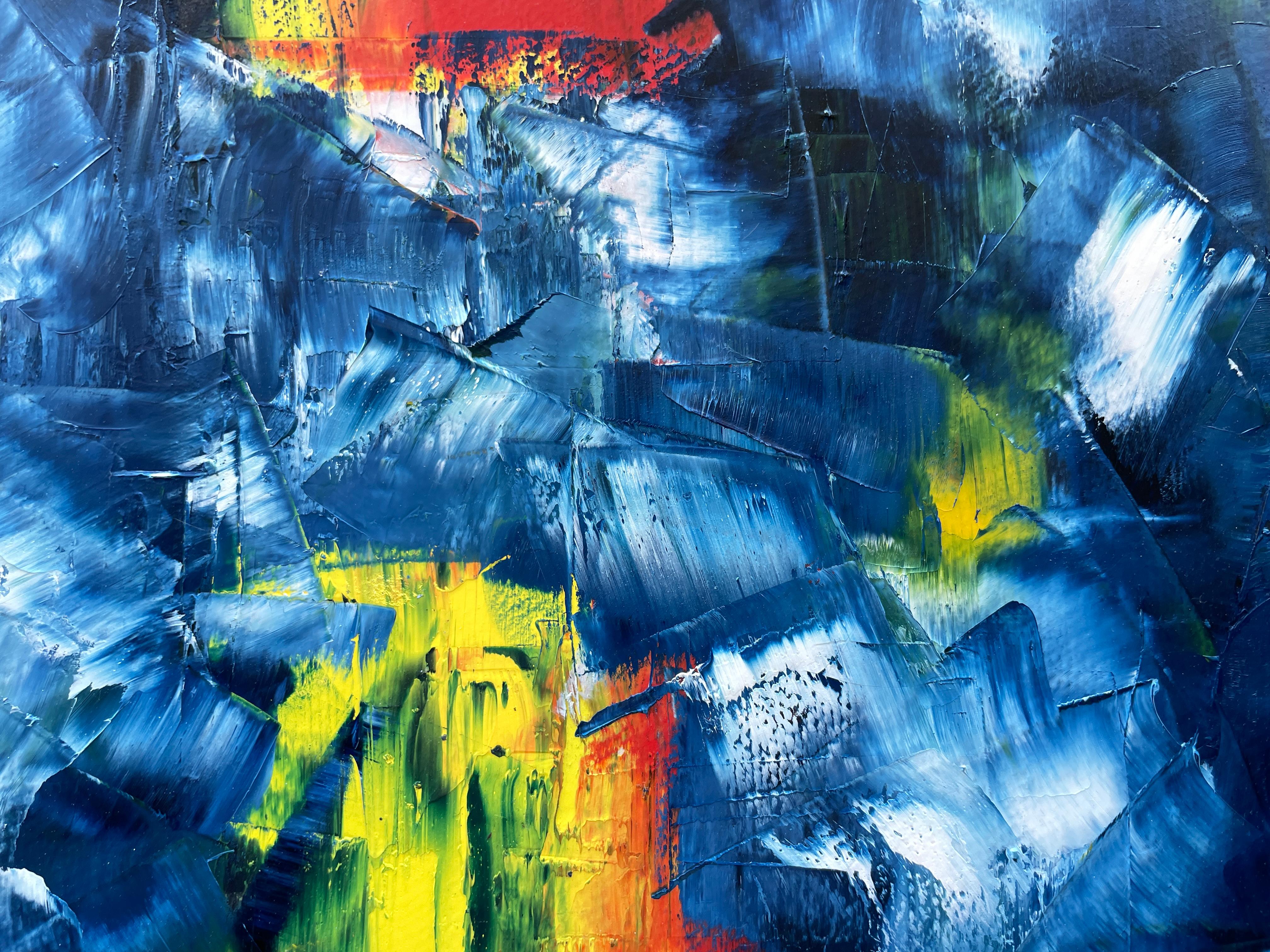 I miei lavori, creati con gli olei, riflettono un'esplorazione astratta e vibrante dell'espíritu humano. La scelta di colori vivi e le forme intersecate catturano la completezza emotiva e la profonda introspezione. Ho cercato di trasmettere