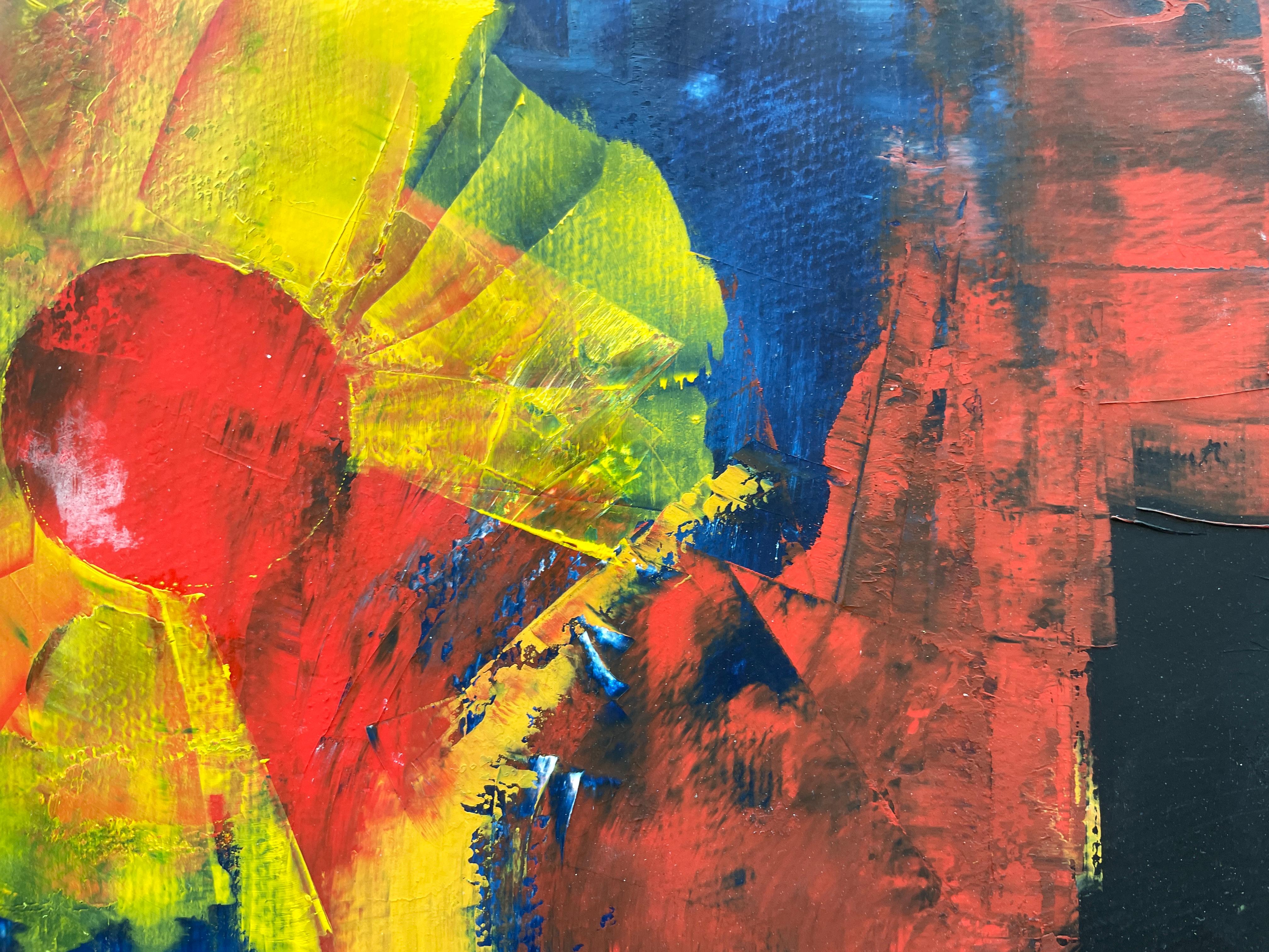 Mon œuvre, créée avec des huiles, reflète une exploration abstraite et vibrante de l'esprit humain. L'utilisation de couleurs vives et les Forma entrelacées capturent la complexité émotionnelle et la profondeur de l'introspection. Busqué transmitir