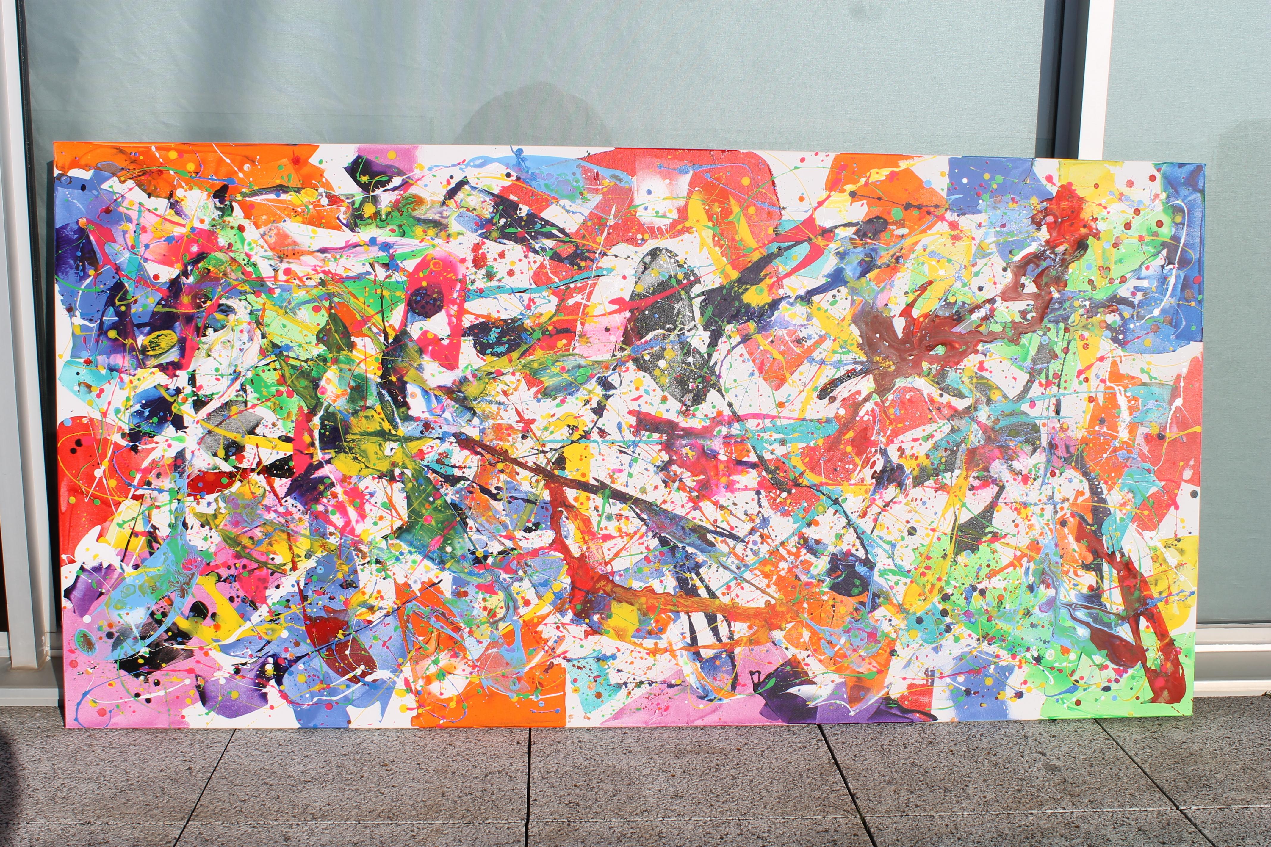 Peinture : Acrylique et émail sur toile. 
Esta obra es una explosión de energía y pasión que quise capturar con colores vivos y movimientos caóticos. L'utilisation d'acrylique et de sel permet de créer une texture vibrante qui transmet le désir