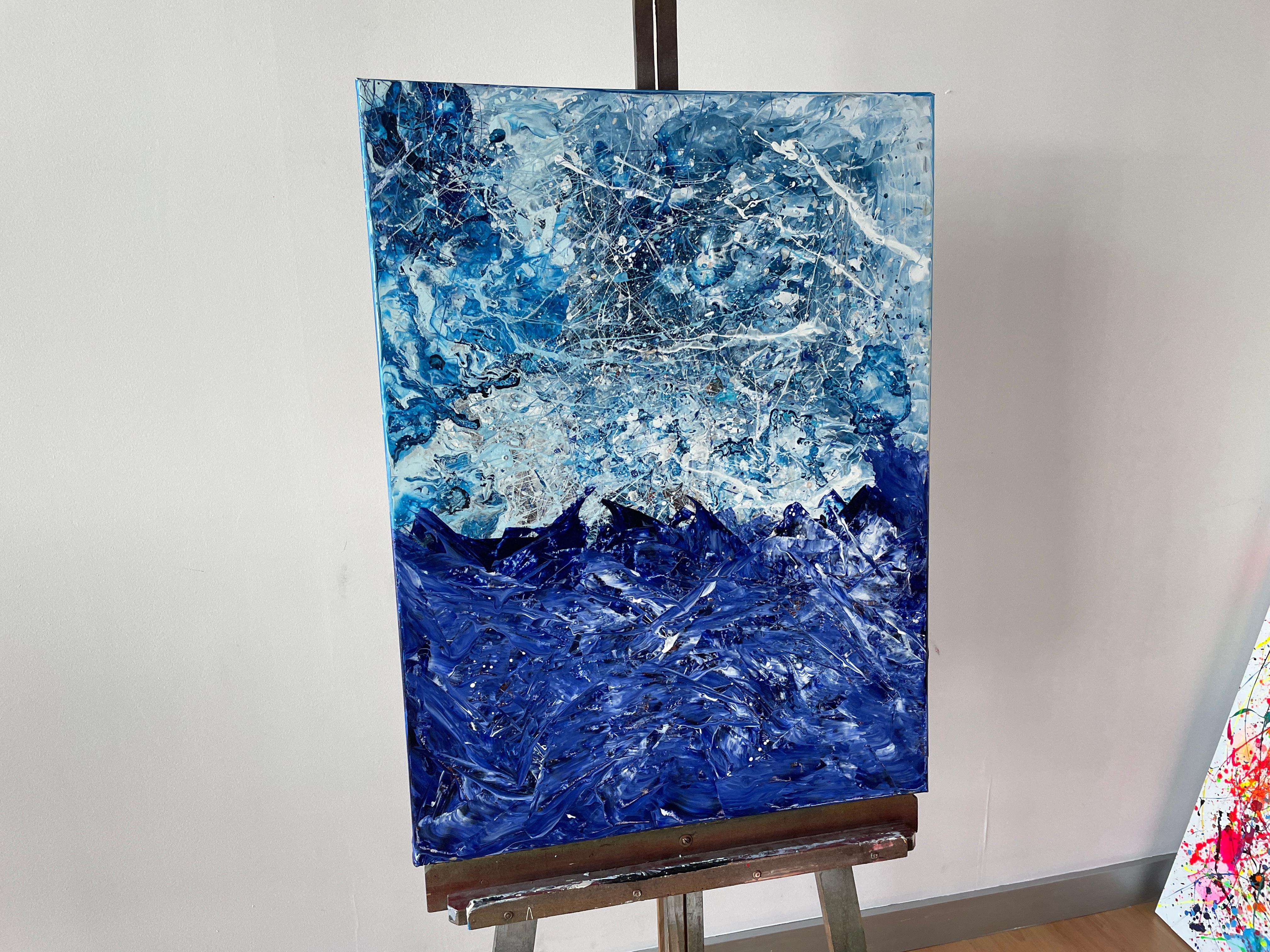 
In this expressive piece of action painting, a whirlwind of captivating blues merges to bring to life a stunning seascape in turmoil. The intense shades of blue, from deep sapphire to vibrant turquoise, shape tumultuous waves rising with strength