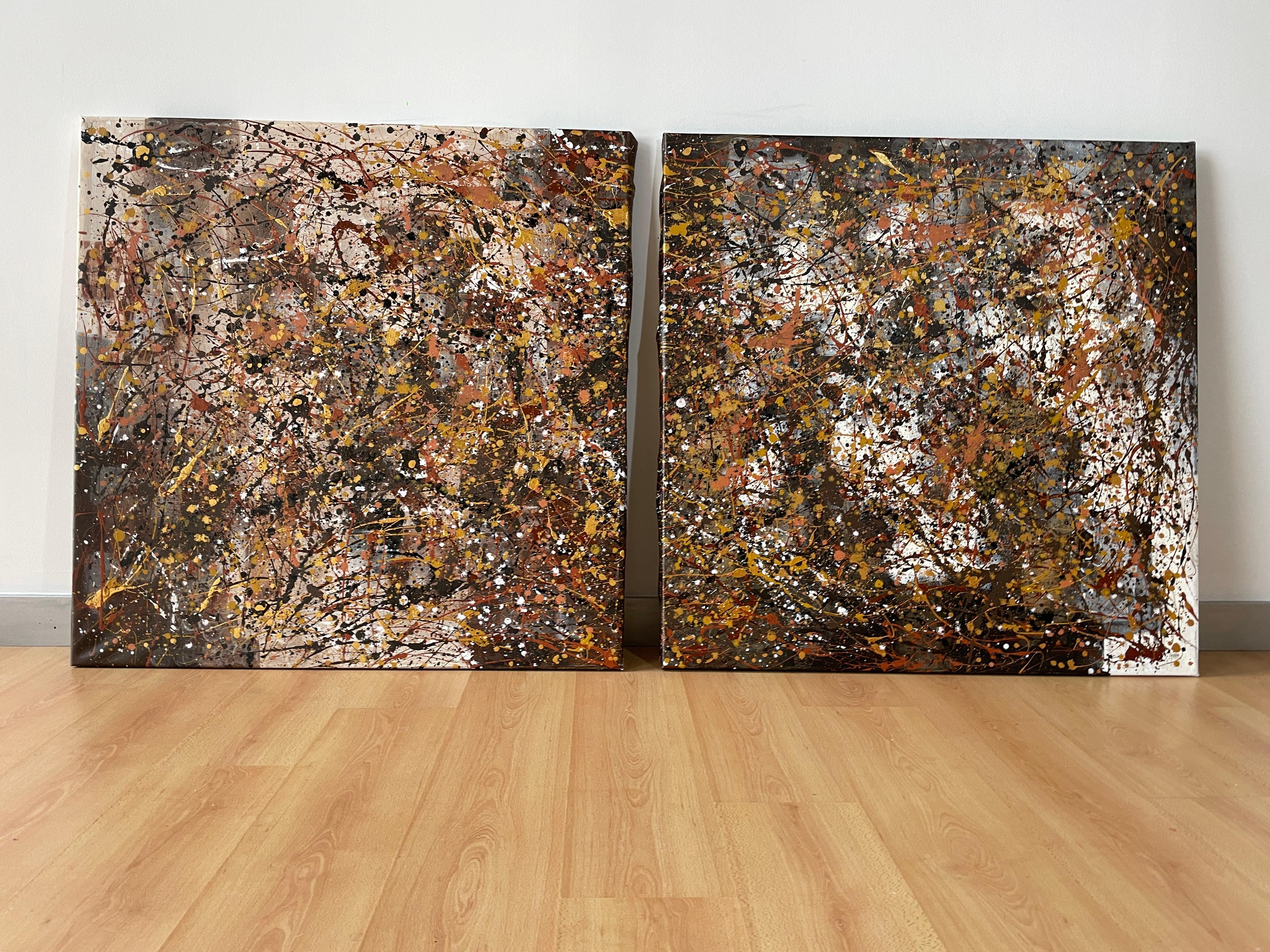 Lever de soleil dans la Savane - Marron Abstract Painting par Juan Jose Garay