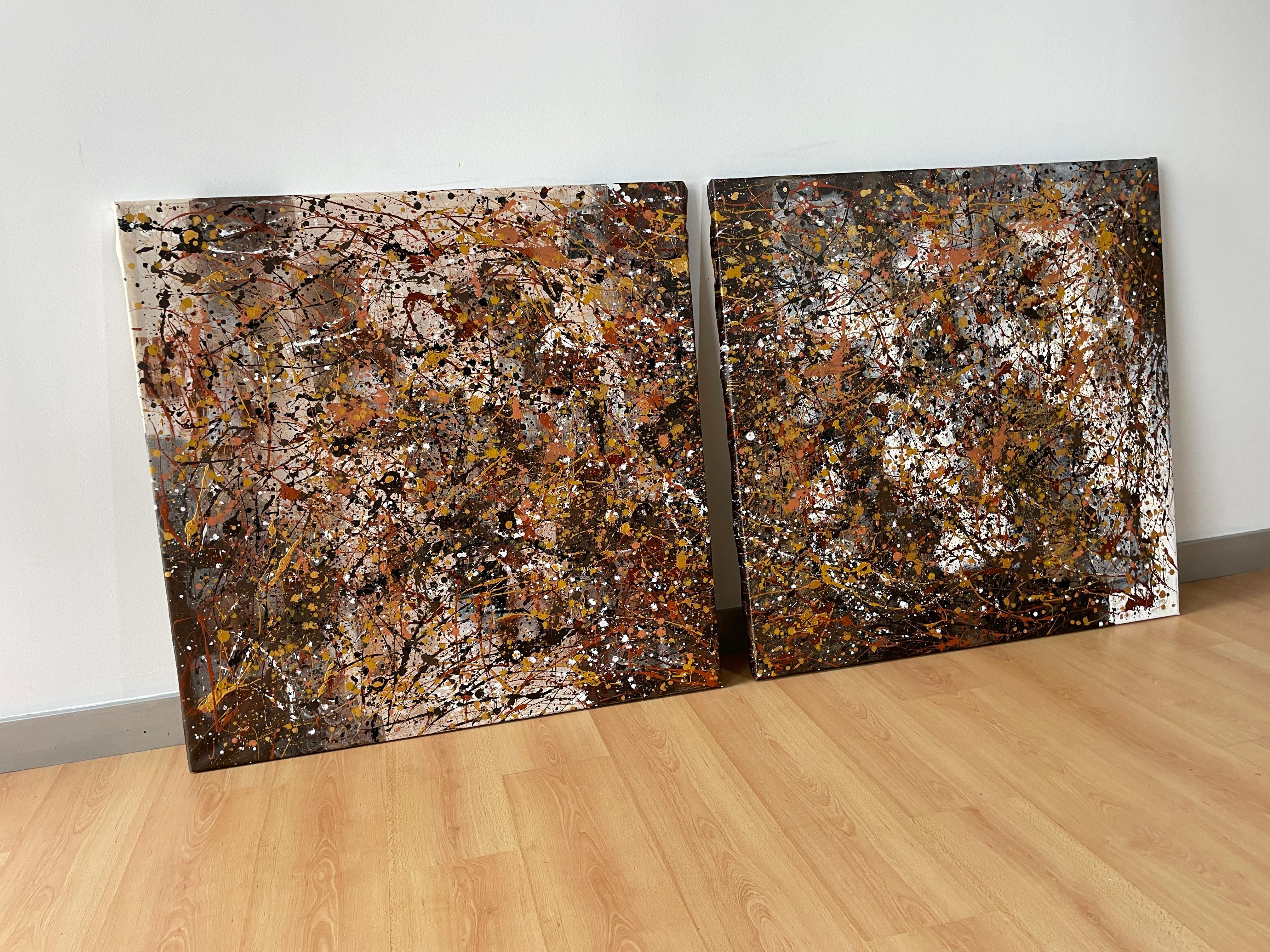  Lever de soleil dans la Savane
Le diptyque 100x100 cmz + 100x100cms se présente comme une explosion visuelle d'énergie et de mouvement, divisée en deux toiles qui dialoguent l'une avec l'autre. Chaque panneau, bien qu'indépendant, partage une