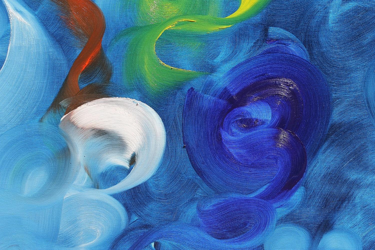 J'ai utilisé la peinture à l'huile pour réaliser la composition et générer des reliefs et des formes. Je veux fusionner une scène de lutte entre les sentiments sauvages qui émergent dans les situations de silence. C'est un tableau qui génère une