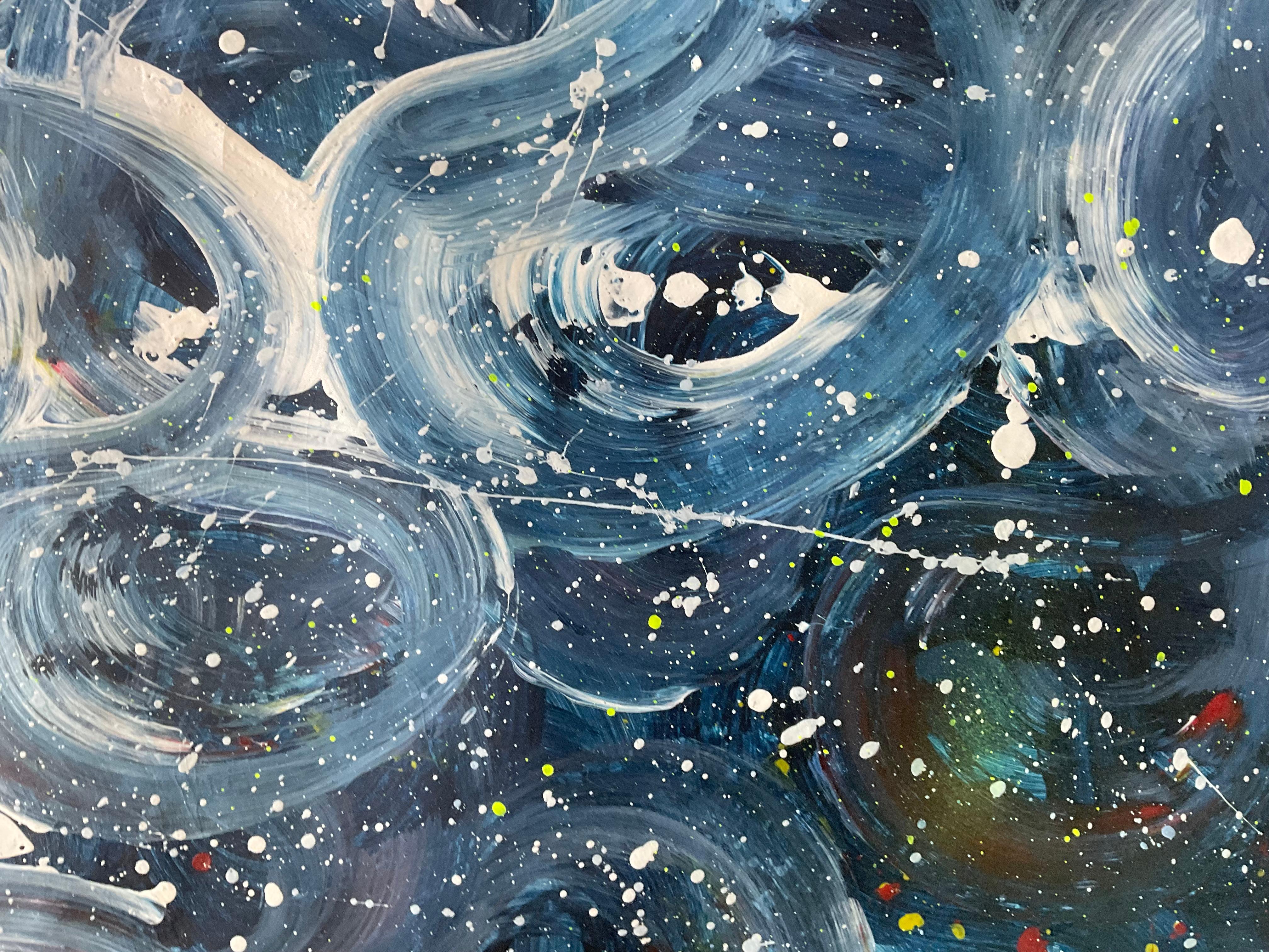 In this work, I have used acrylic and enamel to capture the vast and mysterious beauty of the universe. Abstract swirls and galaxies represent constant evolution and cosmic dynamism. Each brushstroke and color reflects the energy and emotional