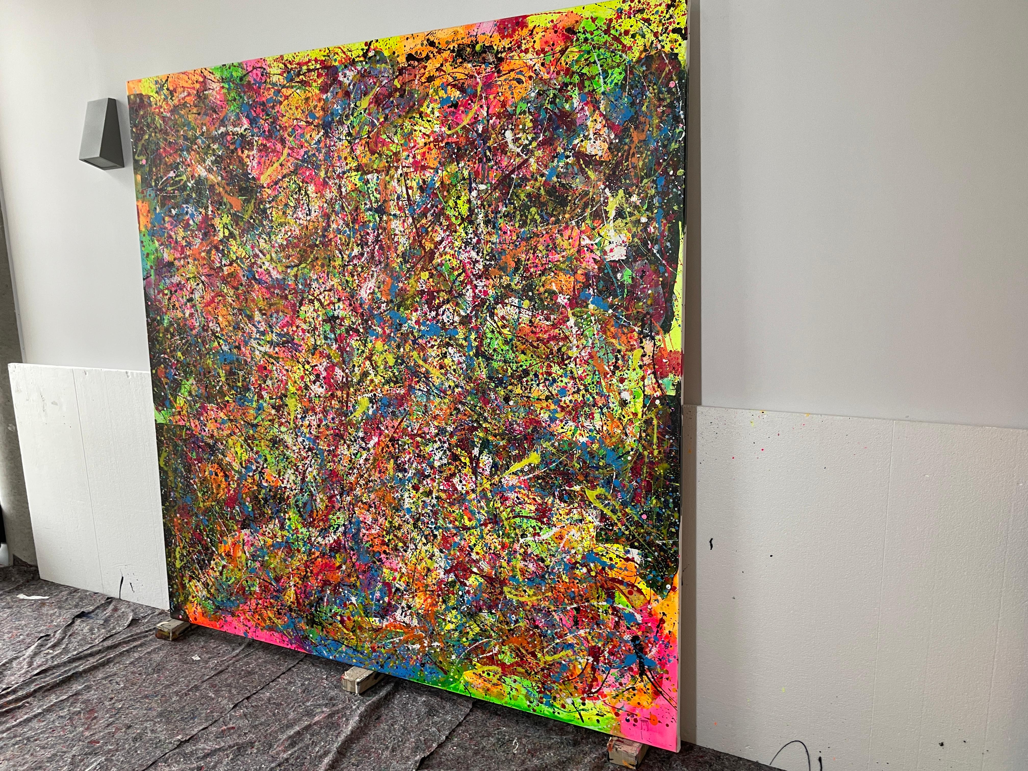 Ausgeführt in der Technik des Action Painting, explodiert es in eine Symphonie aus Farben und Bewegung. Energiegeladene Pinselstriche, spontane Tropfen und absichtliche Spritzer verflechten sich zu einem chaotischen und doch zutiefst harmonischen