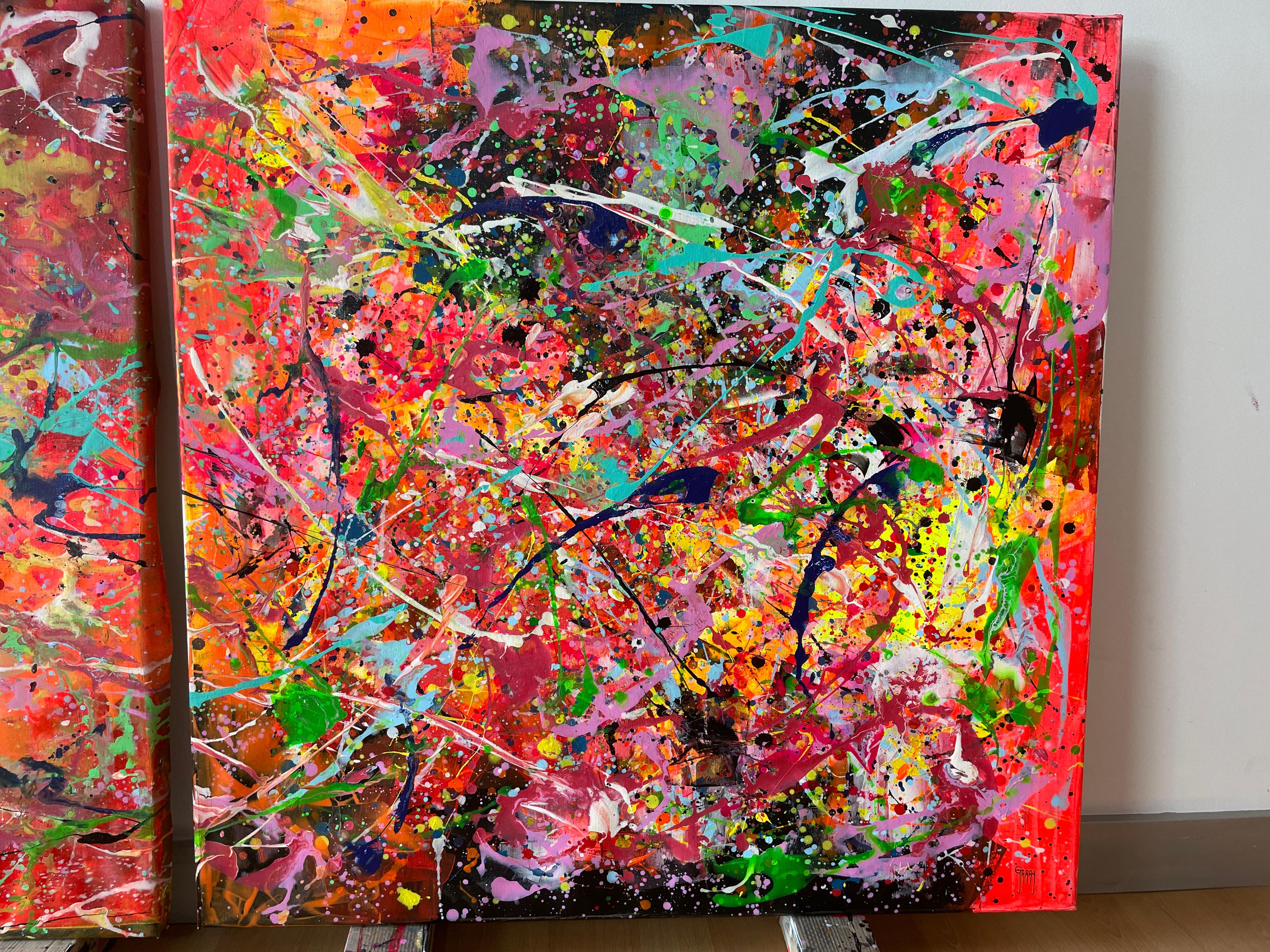 Das Diptychon 100x100 cm + 100x100 cm präsentiert sich als eine visuelle Explosion von Energie und Bewegung, aufgeteilt in zwei Leinwände, die miteinander kommunizieren. Die einzelnen Panels sind zwar unabhängig voneinander, weisen aber eine