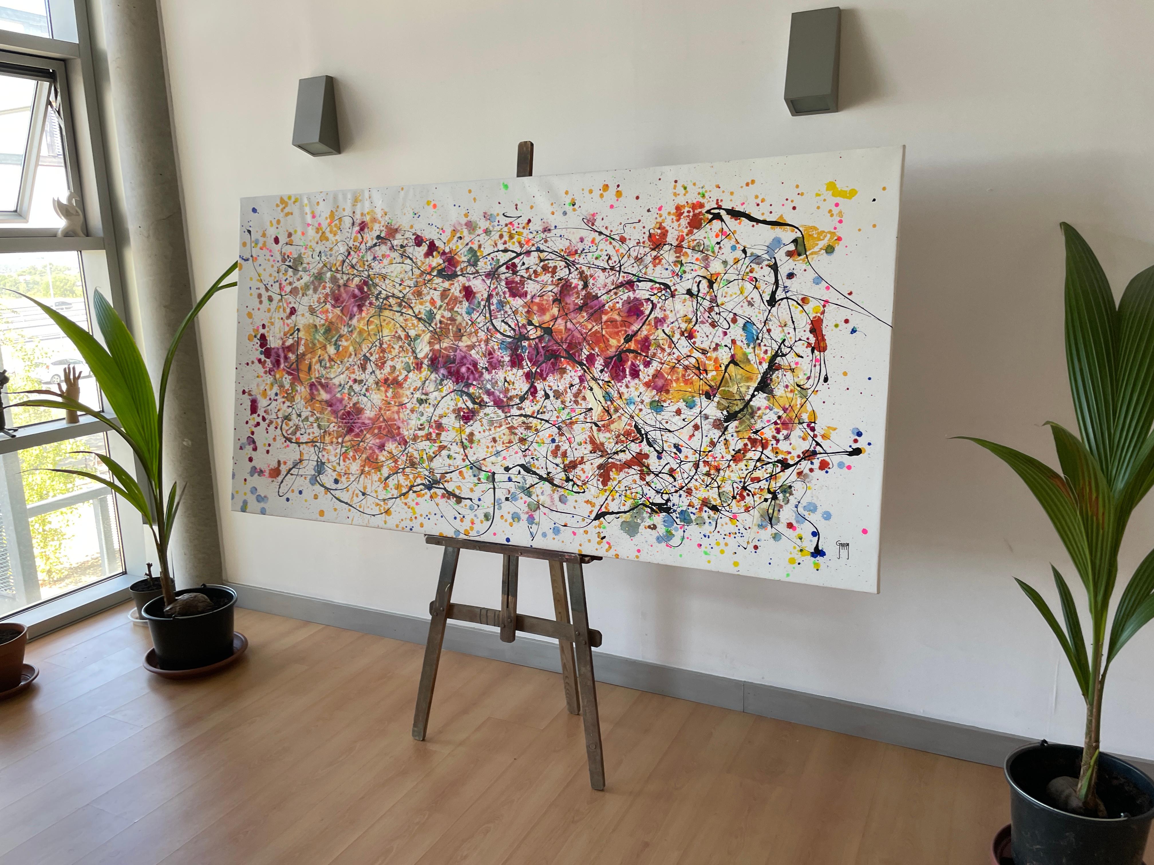 Peinture : Acrylique et encre sur toile. 
Esta obra es una explosión de energía y pasión que quise capturar con colores vivos y movimientos caóticos. L'utilisation d'acrylique et de sel permet de créer une texture vibrante qui transmet le désir