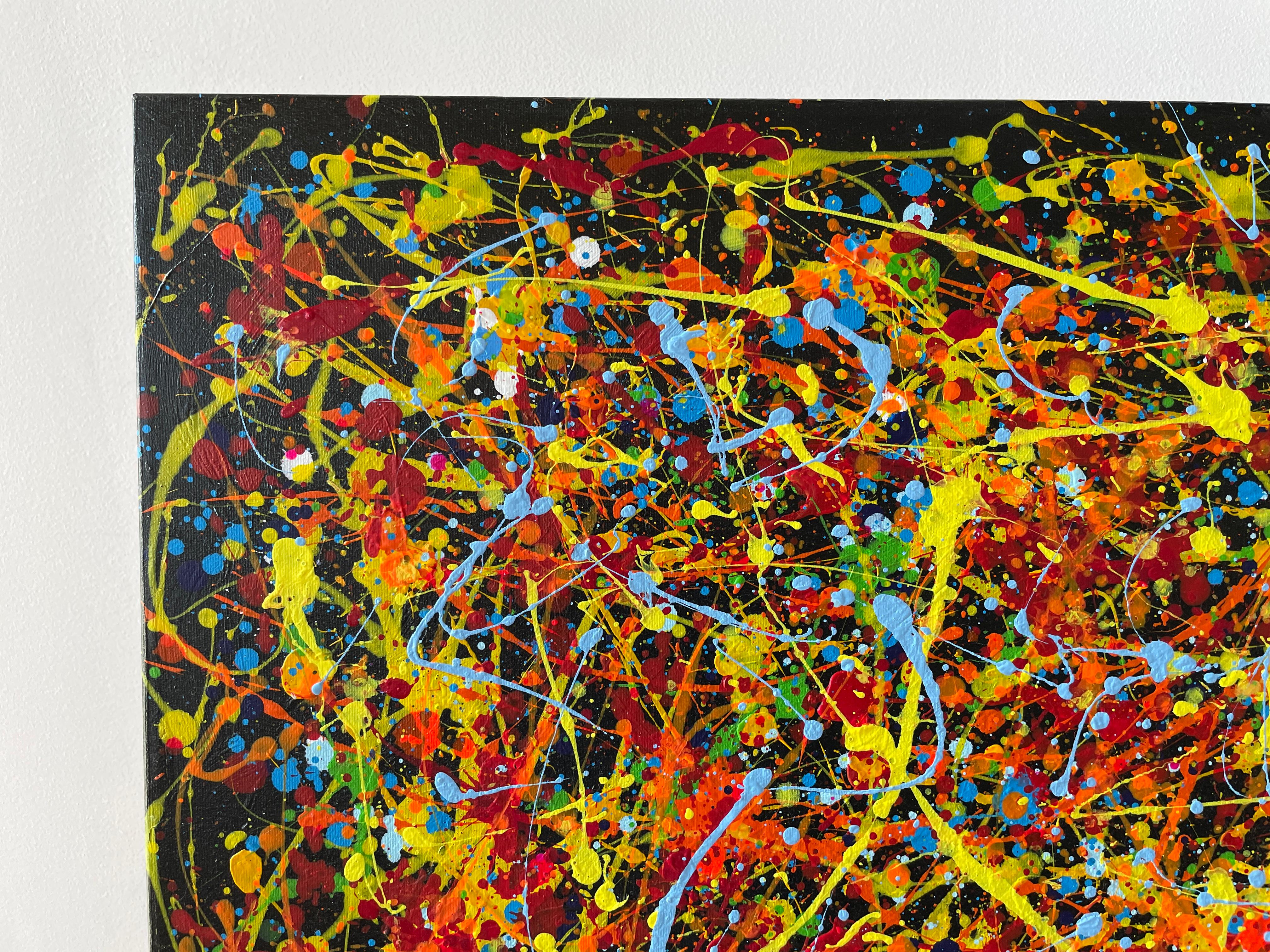 Peinture : Acrylique sur toile. 
Esta obra es una explosión de energía y pasión que quise capturar con colores vivos y movimientos caóticos. L'utilisation d'acrylique et de sel permet de créer une texture vibrante qui transmet le désir naturel et la