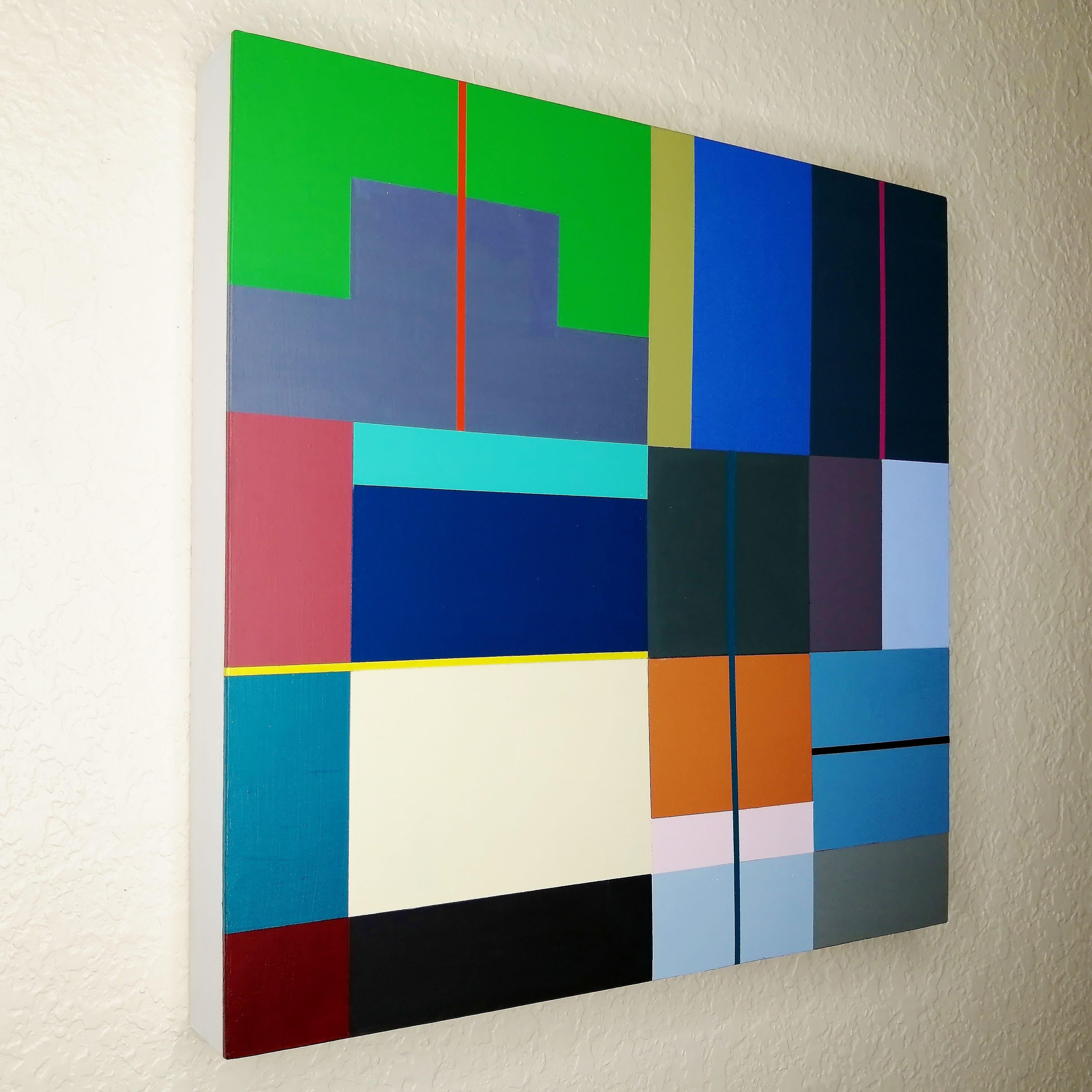 This is another painting in my Concrete Composition series and continues my work in Contemporary Geometric Hard Edge Minimalism. Consisting of color blocks of blues, bright green, mauve, champagne, grays, reds, punctuated with thin lines of