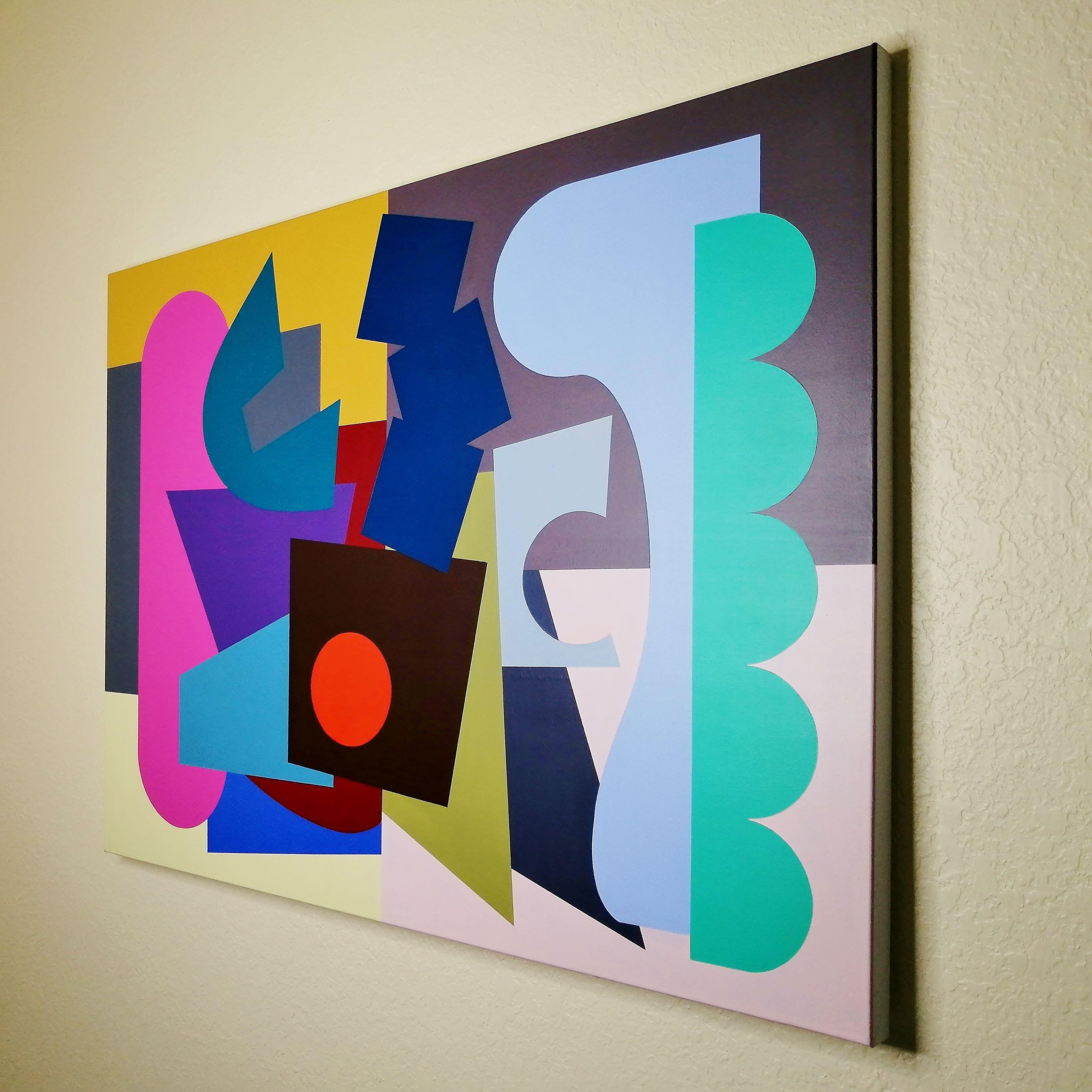 This painting takes a look back at two paintings from 2015, The Conversation, and The Dance and Conversation II from 2020. Using the motifs of modern abstract art, I employed hard-edged, minimal, geometric and Cubist shapes, triangles, circles, and