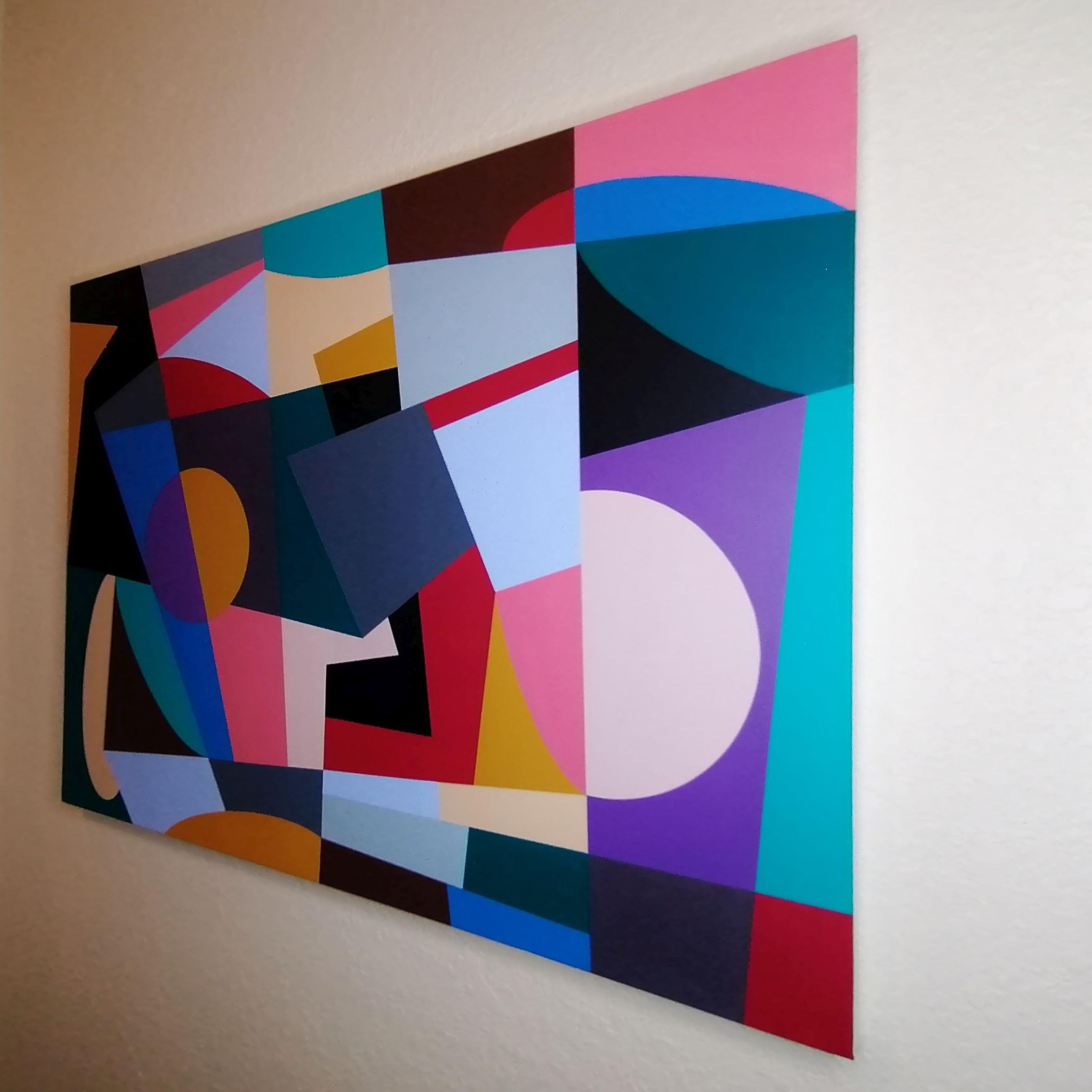 Using the motifs of modern abstract art, I employed hard-edged, minimal, geometric shapes, triangles, circles, and cubist inspired forms. I attempted to create a dynamic composition with contrasting colors including black, red, dark green, magenta,