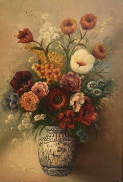 Dipinto di natura morta con fiori, olio su tela, realistico, incorniciato, anni ’90