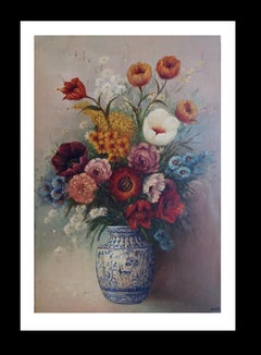 Dipinto di natura morta con fiori, olio su tela, realistico, incorniciato, anni ’90