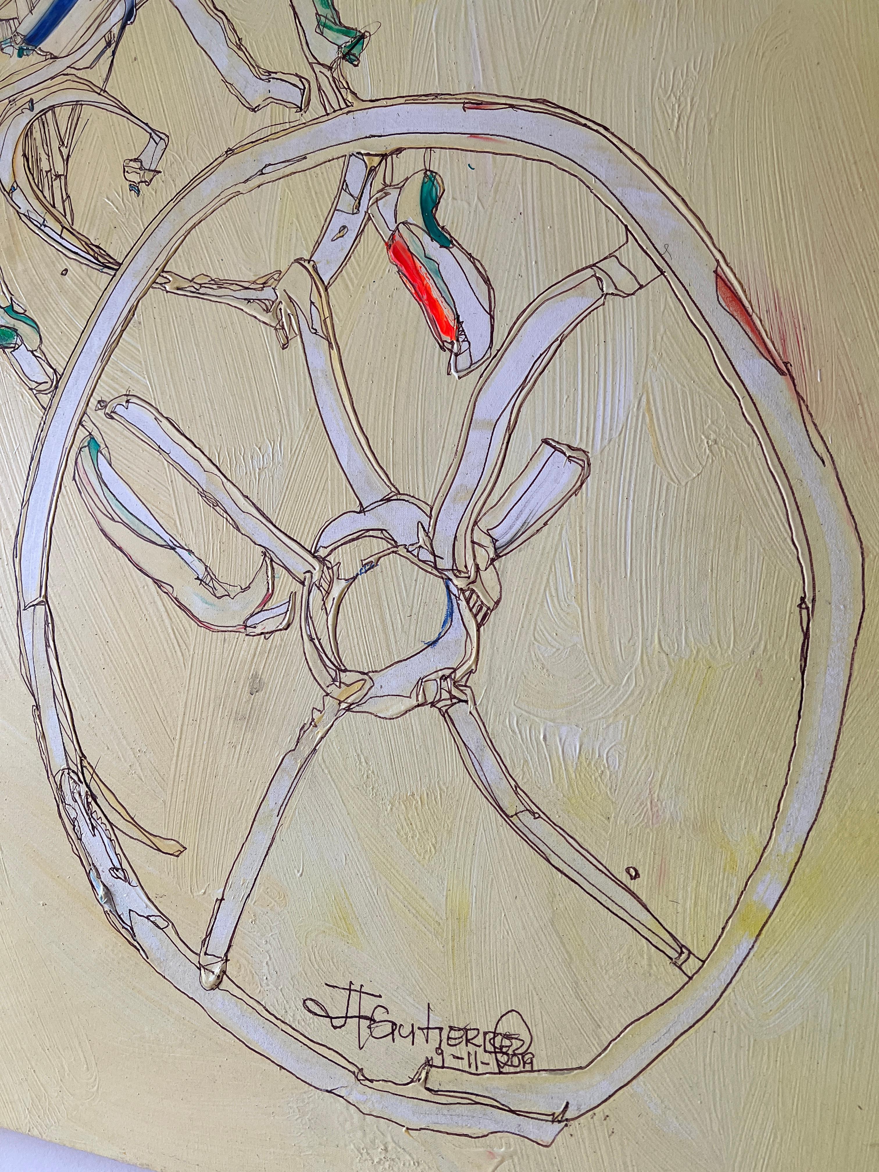 Super Tricycle è un grande dipinto astratto contemporaneo dell'artista cubano Juan Lazaro. Presenta un triciclo giallo decostruito su uno sfondo giallo. La pittura acrilica è completata da una penna a sfera e da pezzi di cartone per dare consistenza