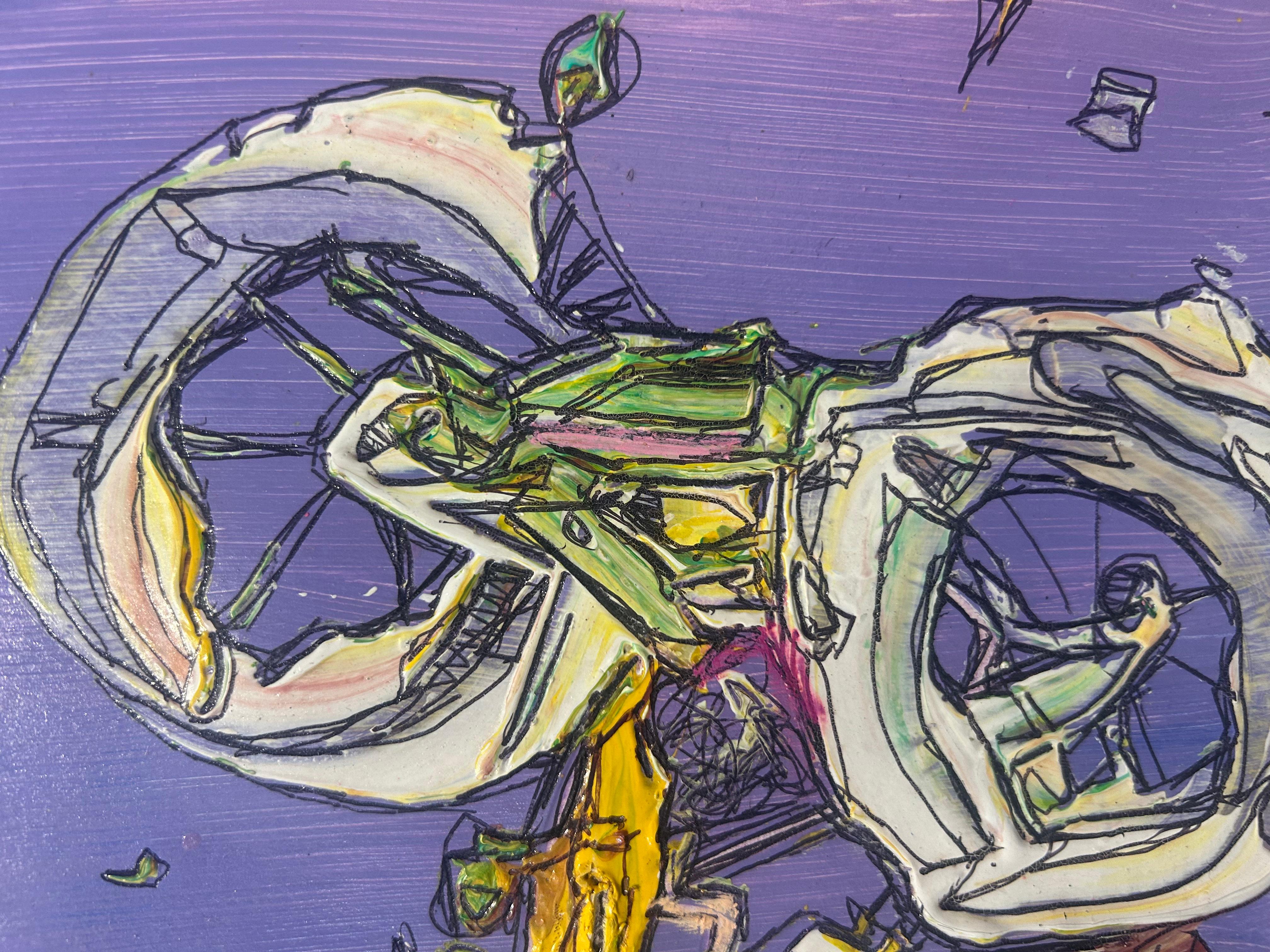 Abstract Mixed Media Purple Bicycle Painting On Paper - Gray Abstract Painting by Juan Lazaro Gutierrez 