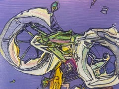 Pittura astratta a tecnica mista con bicicletta viola su carta