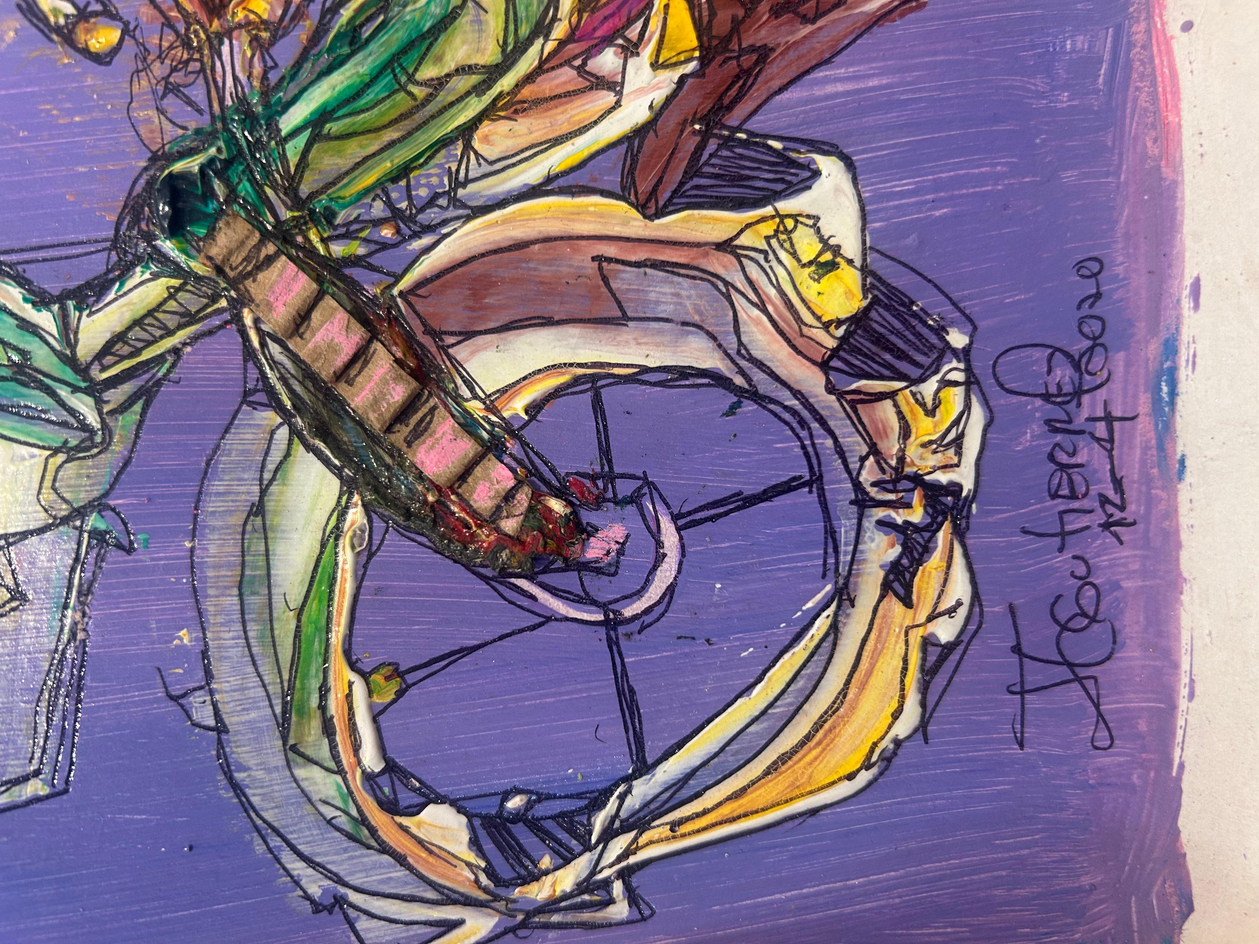 Born in Manuel, Cuba in 1973, Juan Lazaro Gutierrez Mamblas is a painter who focuses his vision on the bicycle. His abstract works with forms floating on a virtually monochrome ground are evocative of the 20th-century inventions of Paul Klee. The