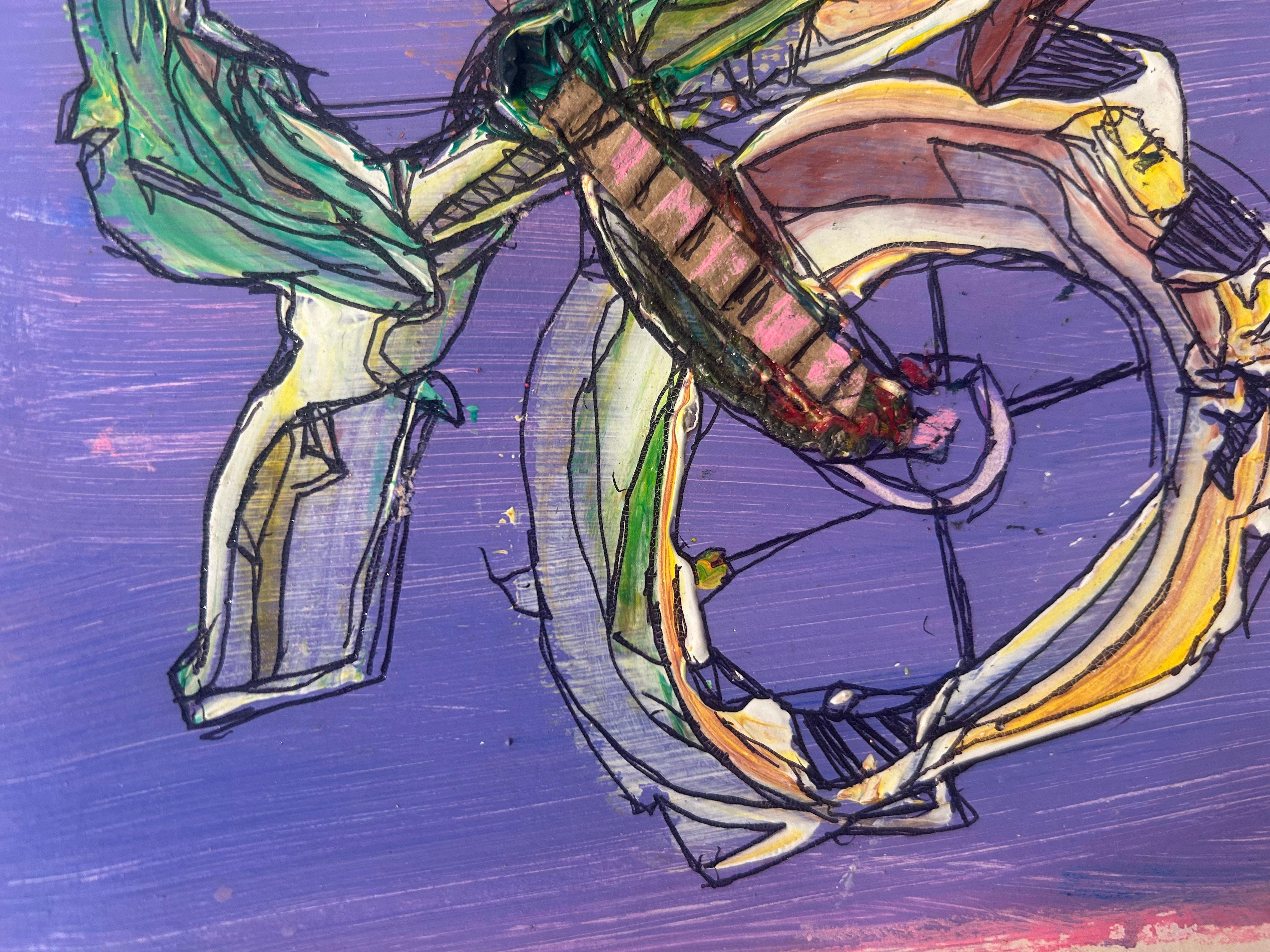Abstract Mixed Media Purple Bicycle Painting On Paper For Sale 1