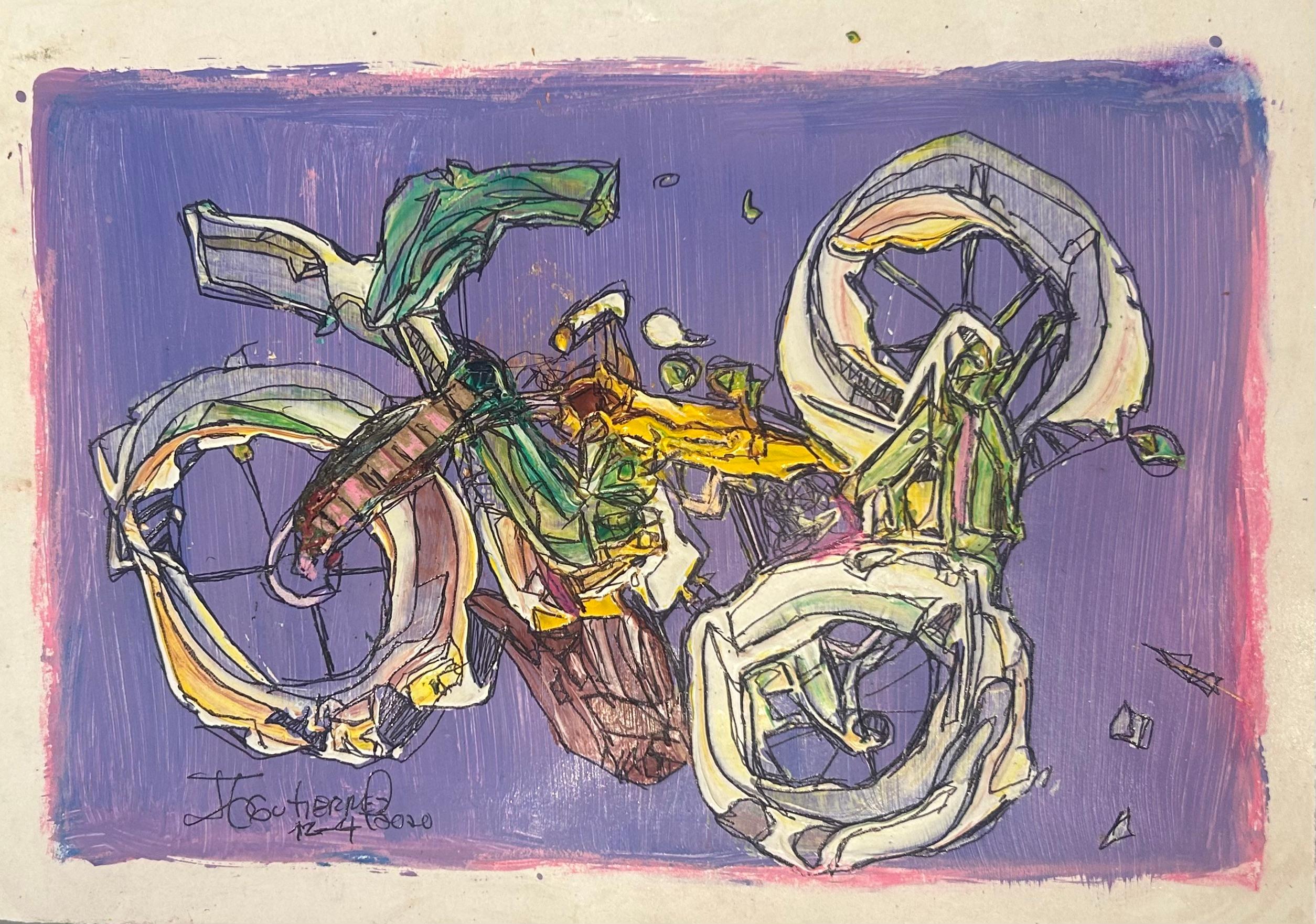 Peinture abstraite mixte sur papier avec bicyclette violette