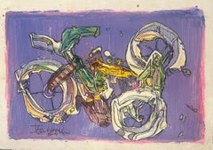 Pintura Abstracta Mixta Bicicleta Morada Sobre Papel