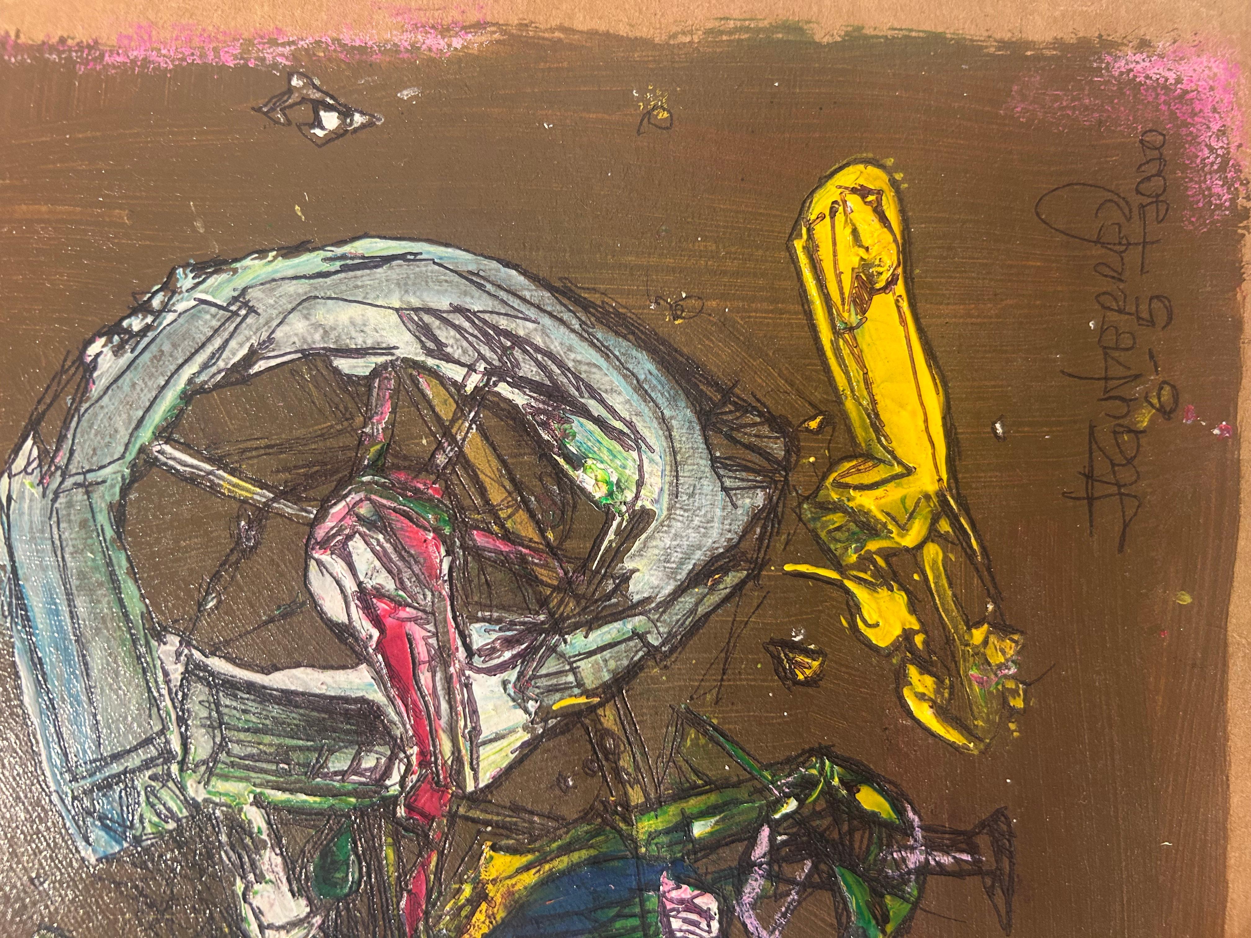 Brown Peinture abstraite sur papier en technique mixte représentant une bicyclette - Marron Abstract Painting par Juan Lazaro Gutierrez 