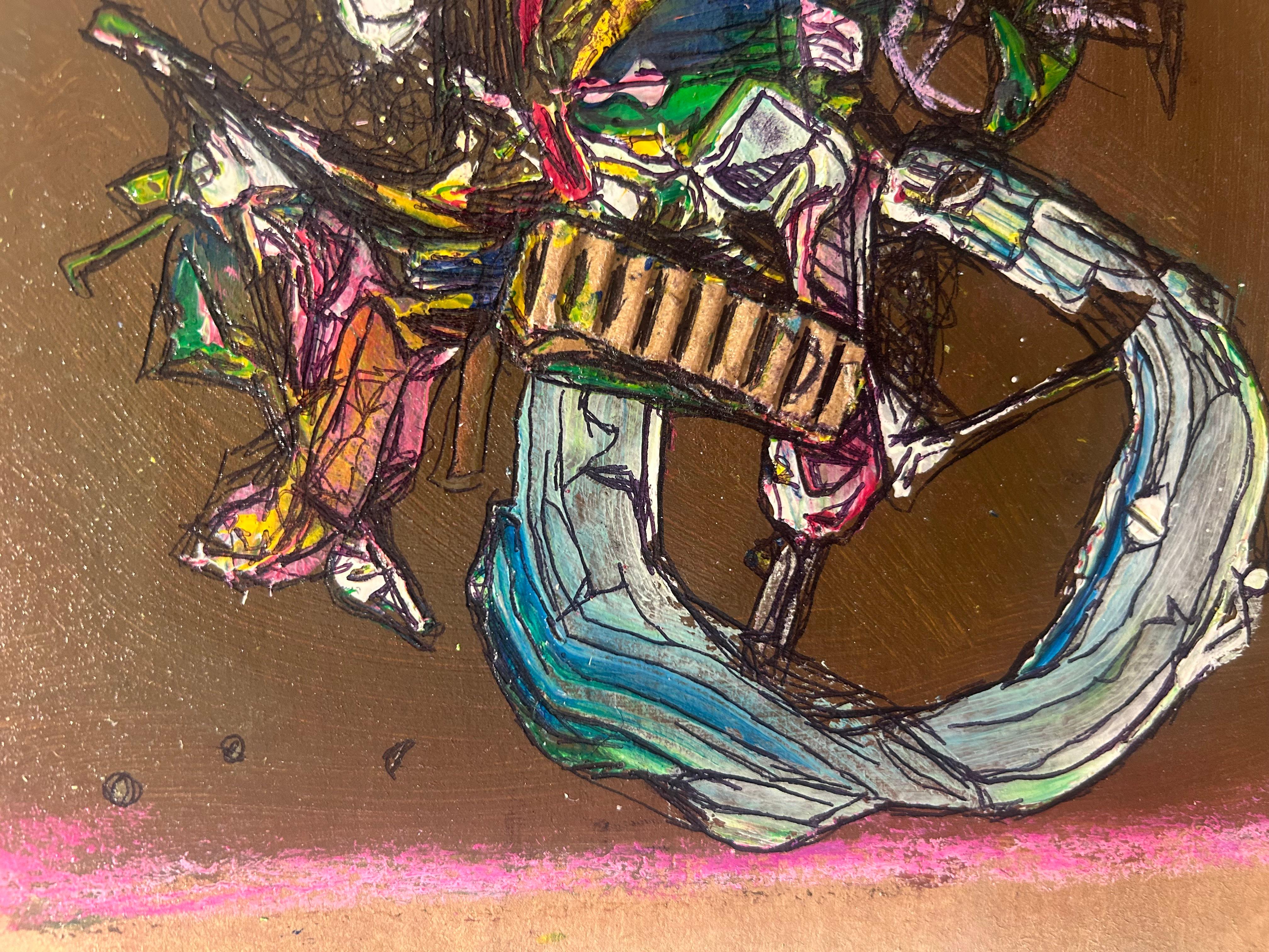 Brown Peinture abstraite sur papier en technique mixte représentant une bicyclette en vente 1