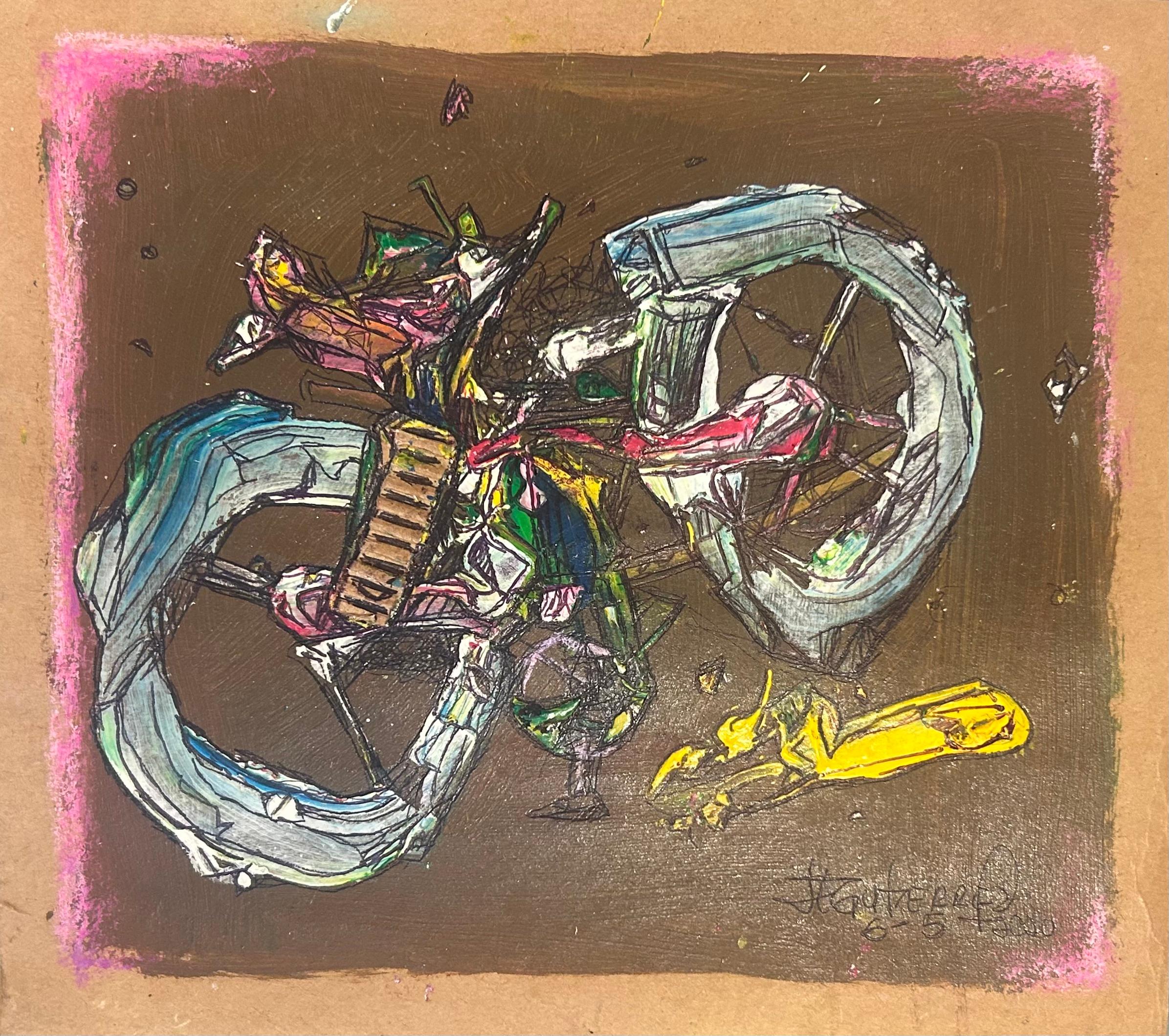 Pintura abstracta marrón en técnica mixta Bicicleta sobre papel