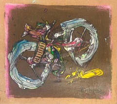 Pittura astratta a tecnica mista su carta con bicicletta di colore marrone