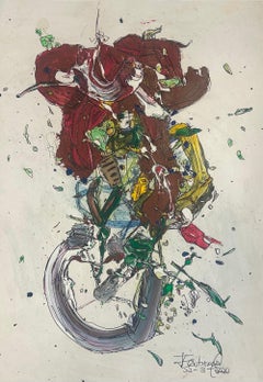 Piccolo quadro neutro a tecnica mista astratto con bicicletta