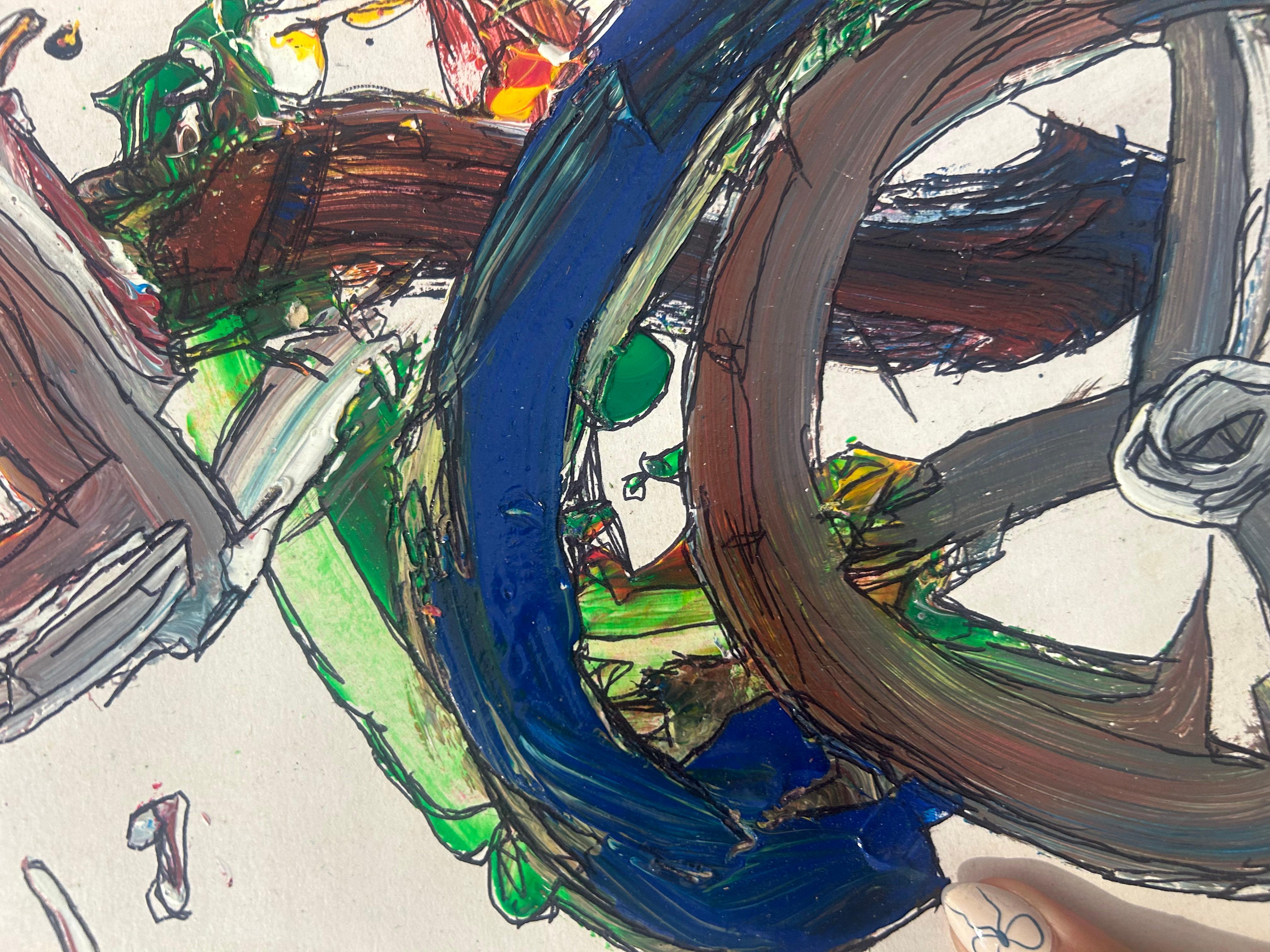 Pittura astratta multicolore di biciclette: TrasFormacion - Abstract Painting Beige di Juan Lazaro Gutierrez 