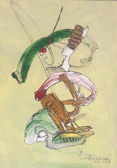 Grünes, farbenfrohes, abstraktes Gemälde in Mischtechnik: Triciclo