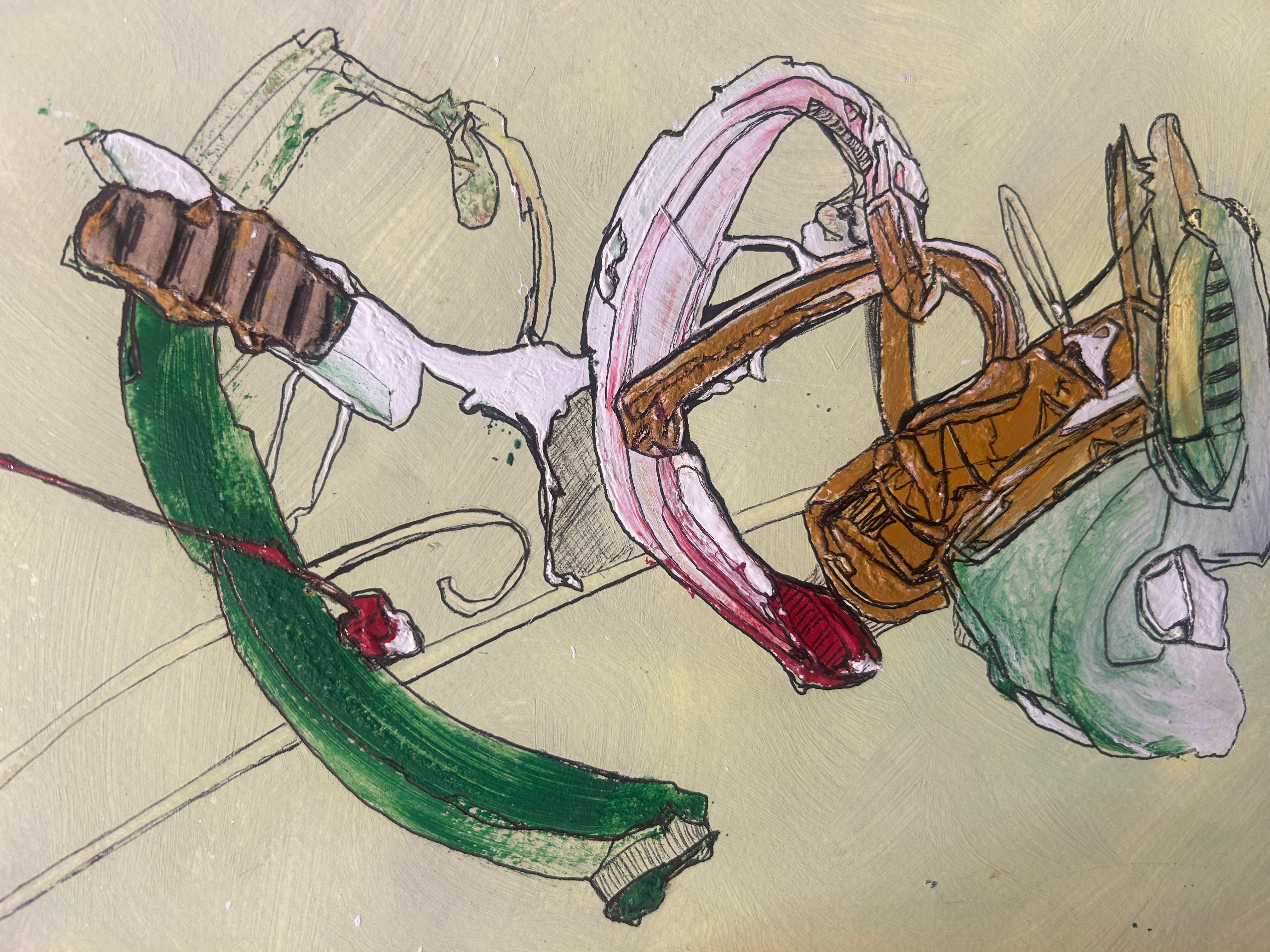 Born in Manuel, Cuba in 1973, Juan Lazaro Gutierrez Mamblas is a painter who focuses his vision on the bicycle. His abstract works with forms floating on a virtually monochrome ground are evocative of the 20th century inventions of Paul Klee. It is