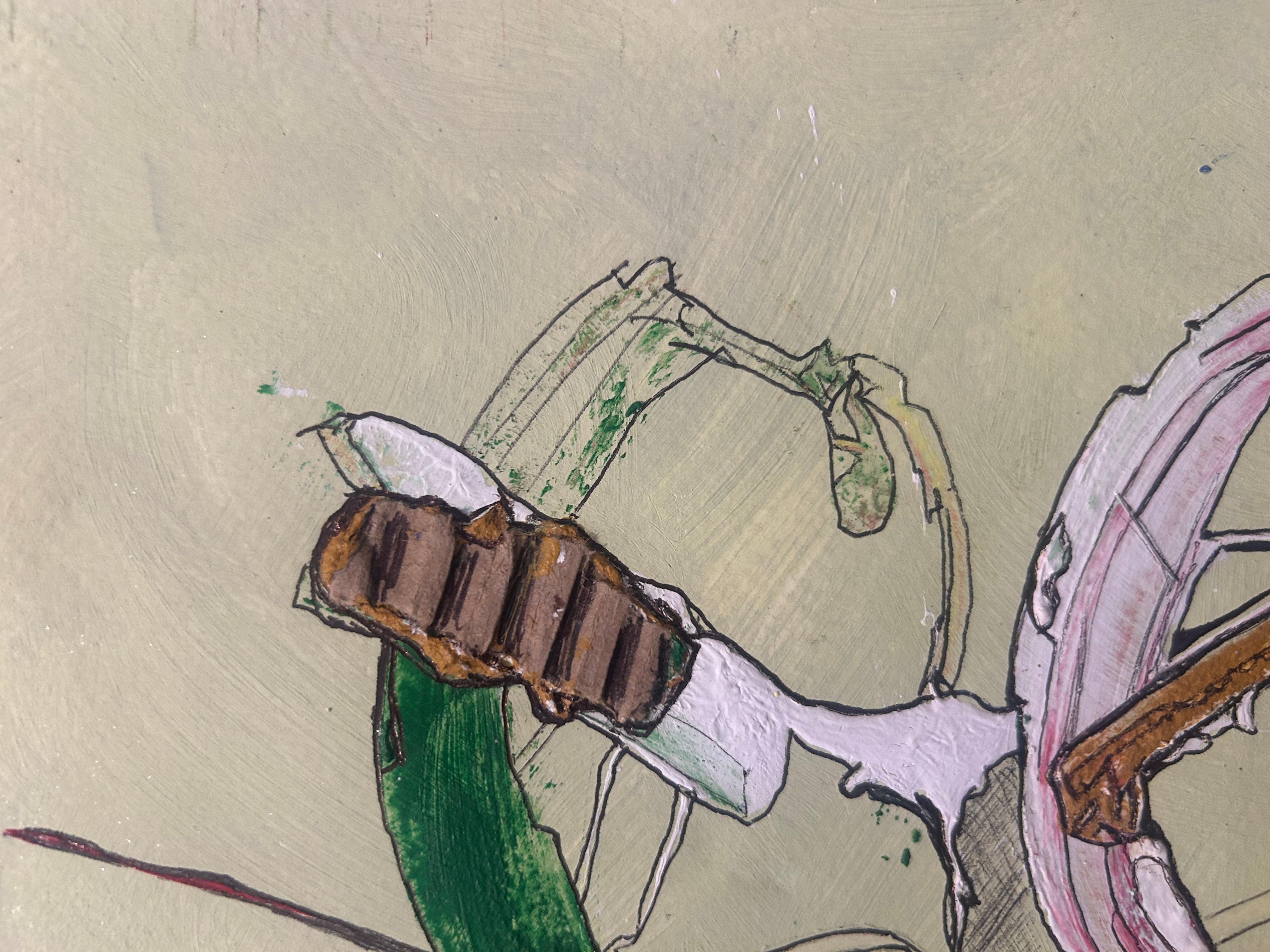 Green Colorful Abstract Mixed Media Painting: Triciclo For Sale 1
