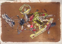 Mixed Media Abstract Brown Acrylic Painting on Paper