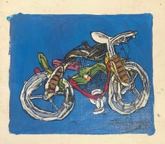 Petite peinture sur papier abstraite de bicyclette bleue, technique mixte