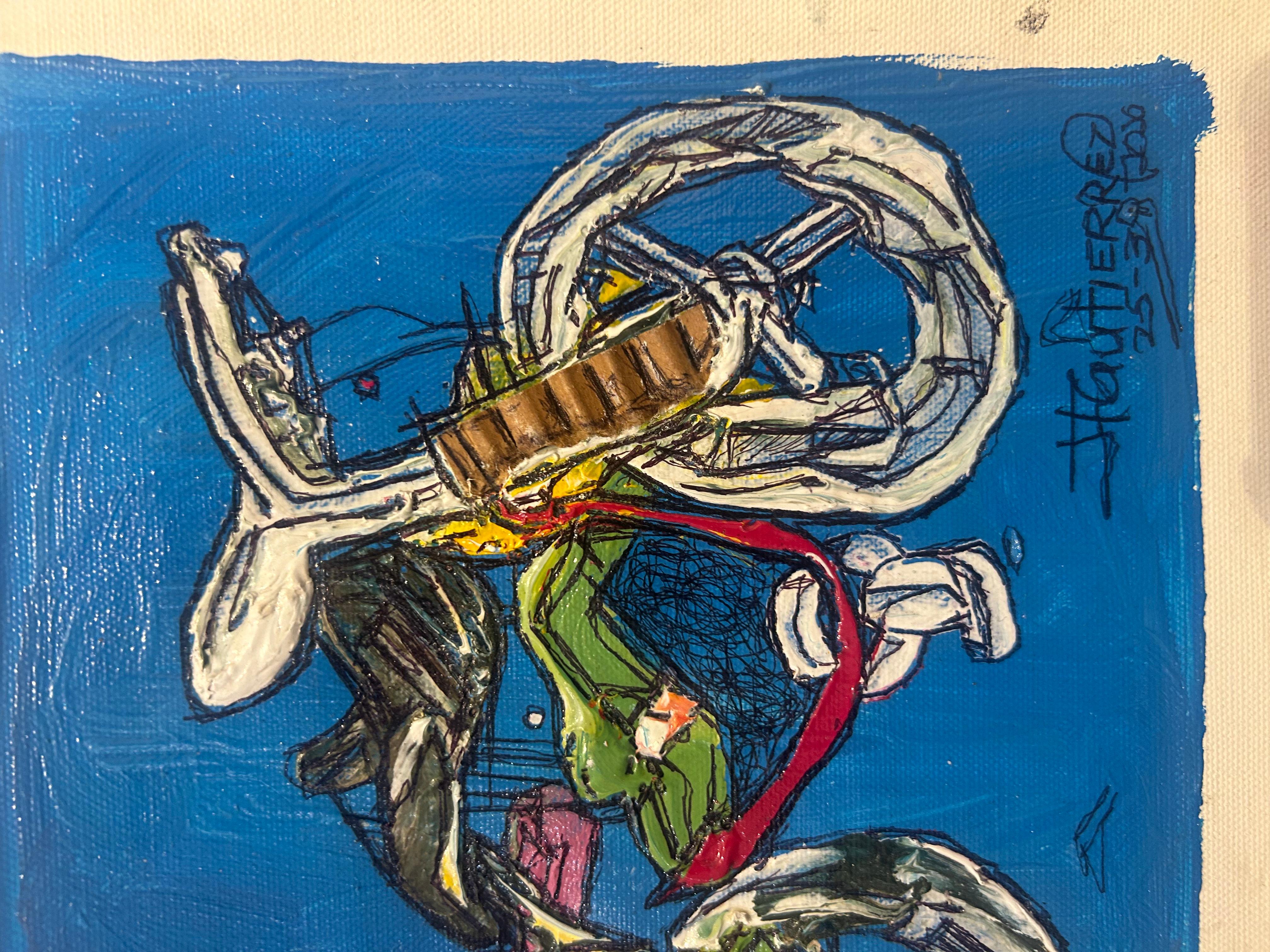 Born in Manuel, Cuba in 1973, Juan Lazaro Gutierrez Mamblas is a painter who focuses his vision on the bicycle. His abstract works with forms floating on a virtually monochrome ground are evocative of the 20th century inventions of Paul Klee. It is